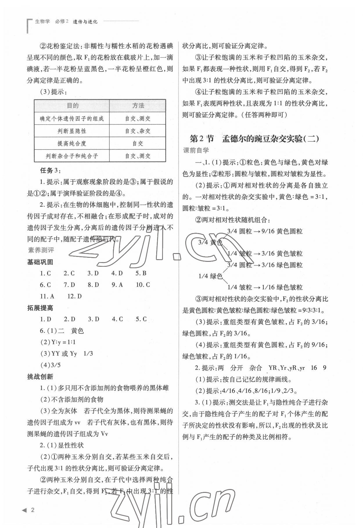 2022年普通高中新课程同步练习册高中生物必修2人教版 参考答案第2页