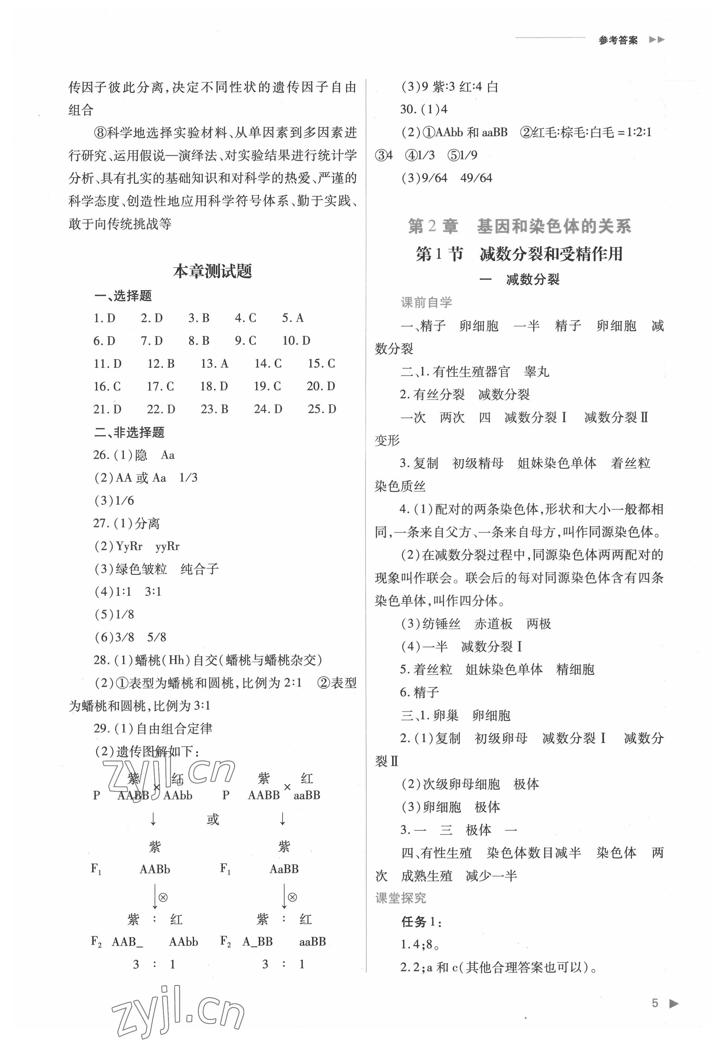 2022年普通高中新课程同步练习册高中生物必修2人教版 参考答案第5页