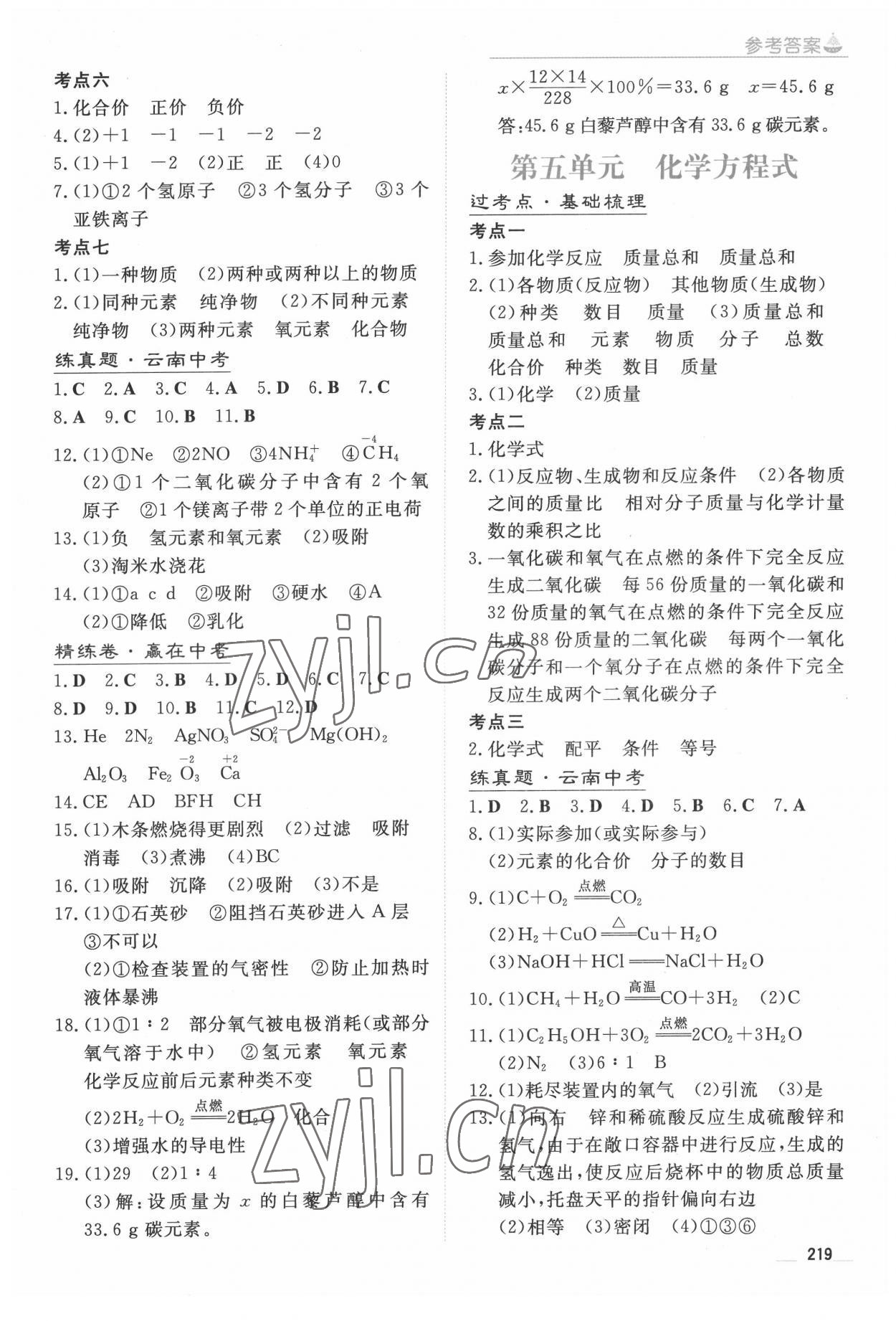 2022年初中學業水平手冊中考化學云南專版 參考答案第5頁
