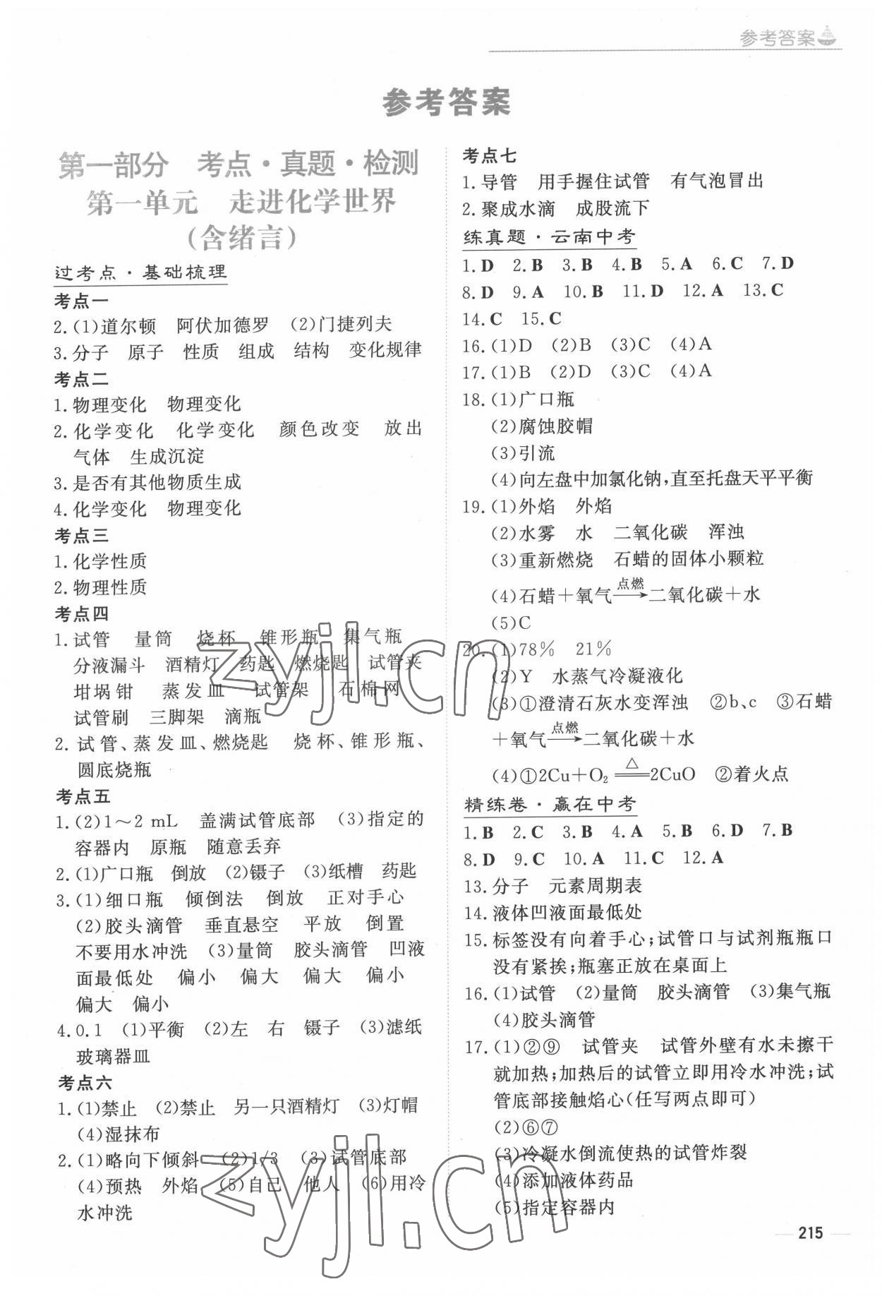 2022年初中學業水平手冊中考化學云南專版 參考答案第1頁