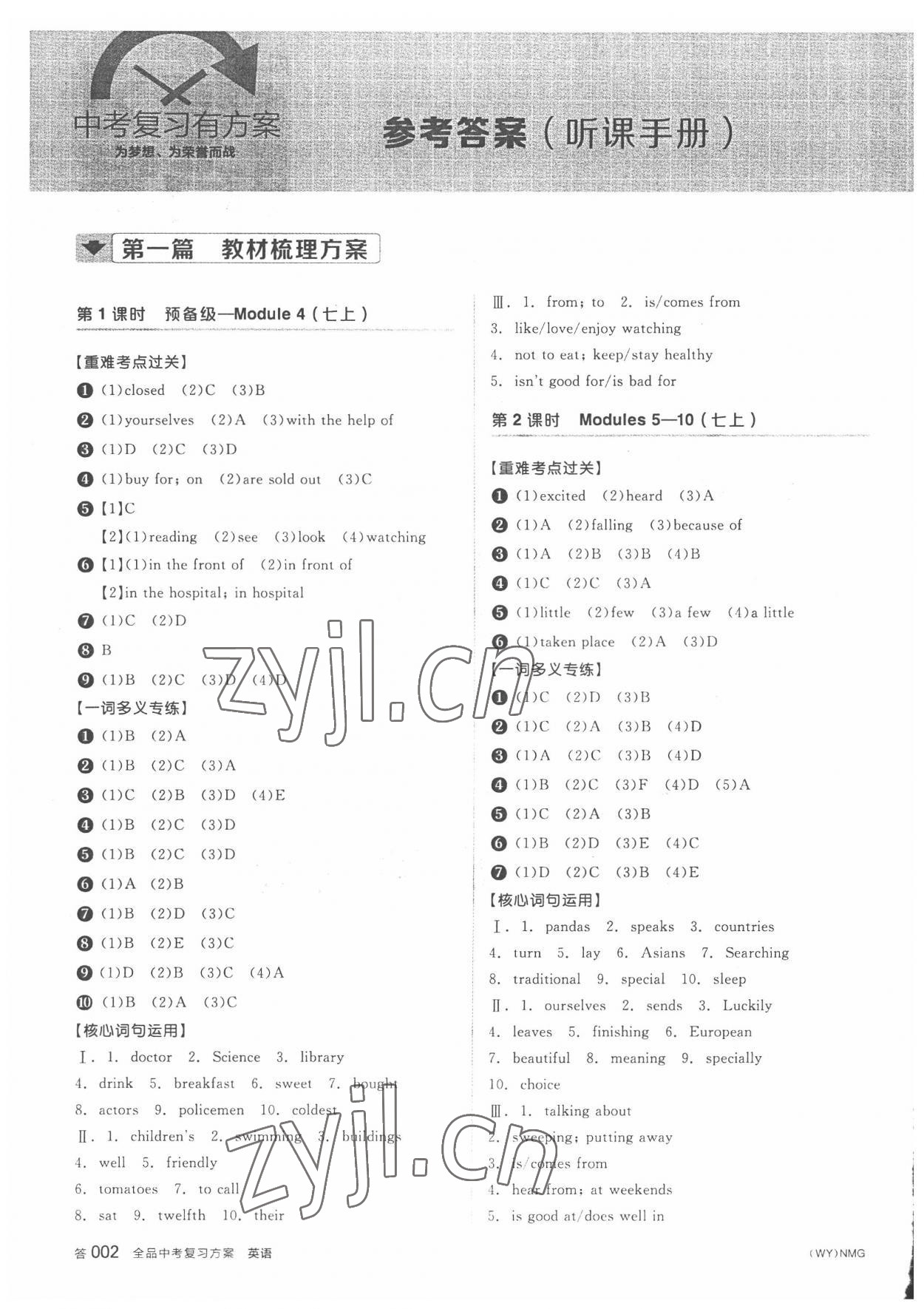 2022年全品中考复习方案英语外研版内蒙古专版 参考答案第1页