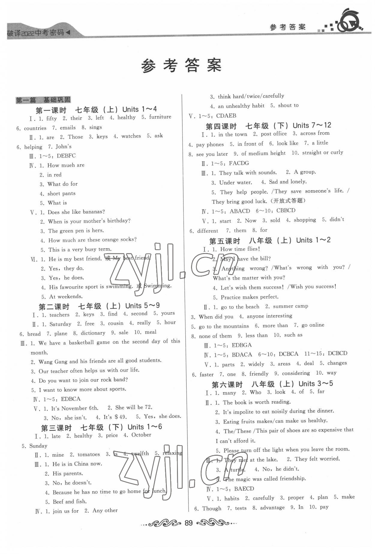 2022年江漢中考總復習英語 參考答案第1頁