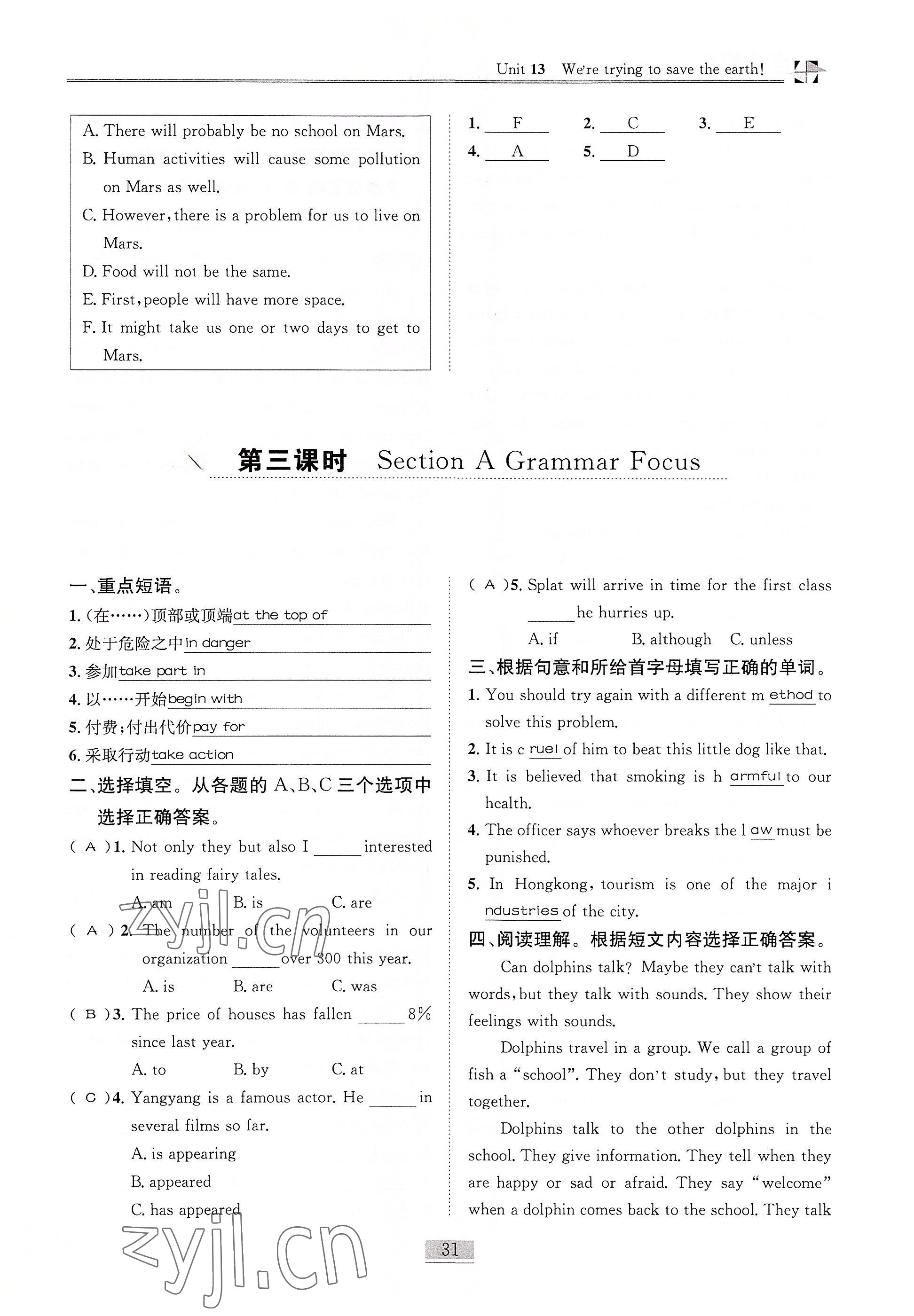 2022年名師課堂課時優化精講精練九年級英語下冊人教版 參考答案第31頁
