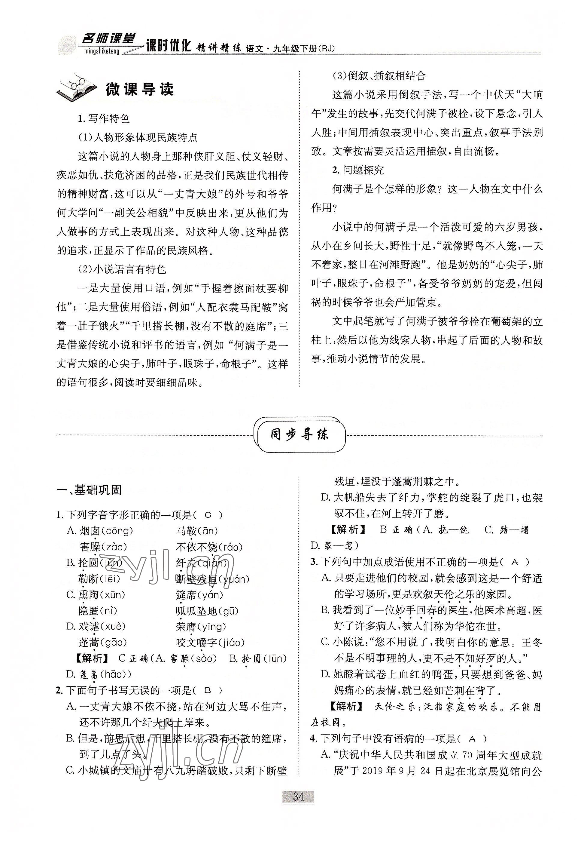 2022年名師課堂課時(shí)優(yōu)化精講精練九年級(jí)語(yǔ)文下冊(cè)人教版 參考答案第34頁(yè)