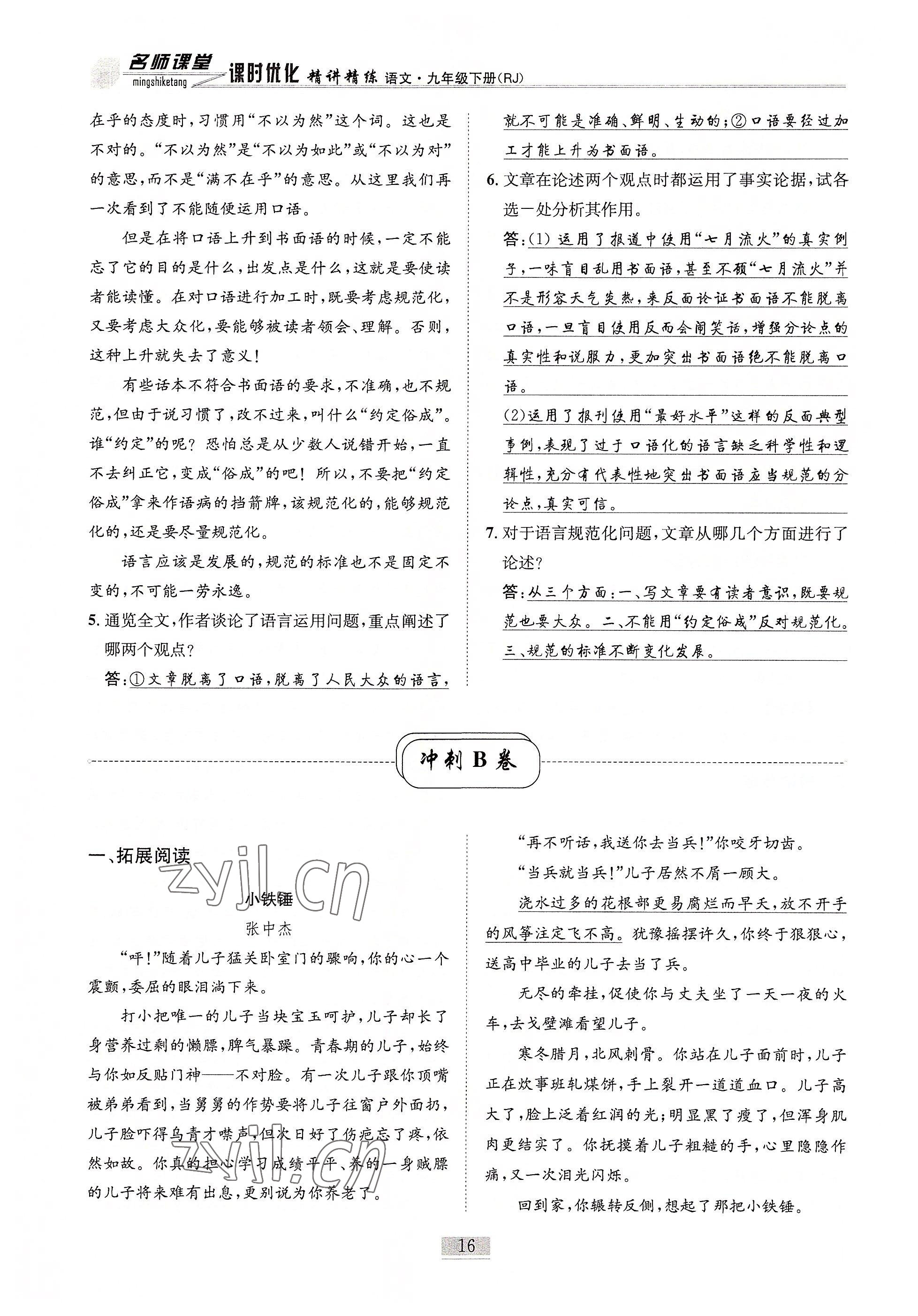 2022年名師課堂課時(shí)優(yōu)化精講精練九年級(jí)語(yǔ)文下冊(cè)人教版 參考答案第16頁(yè)