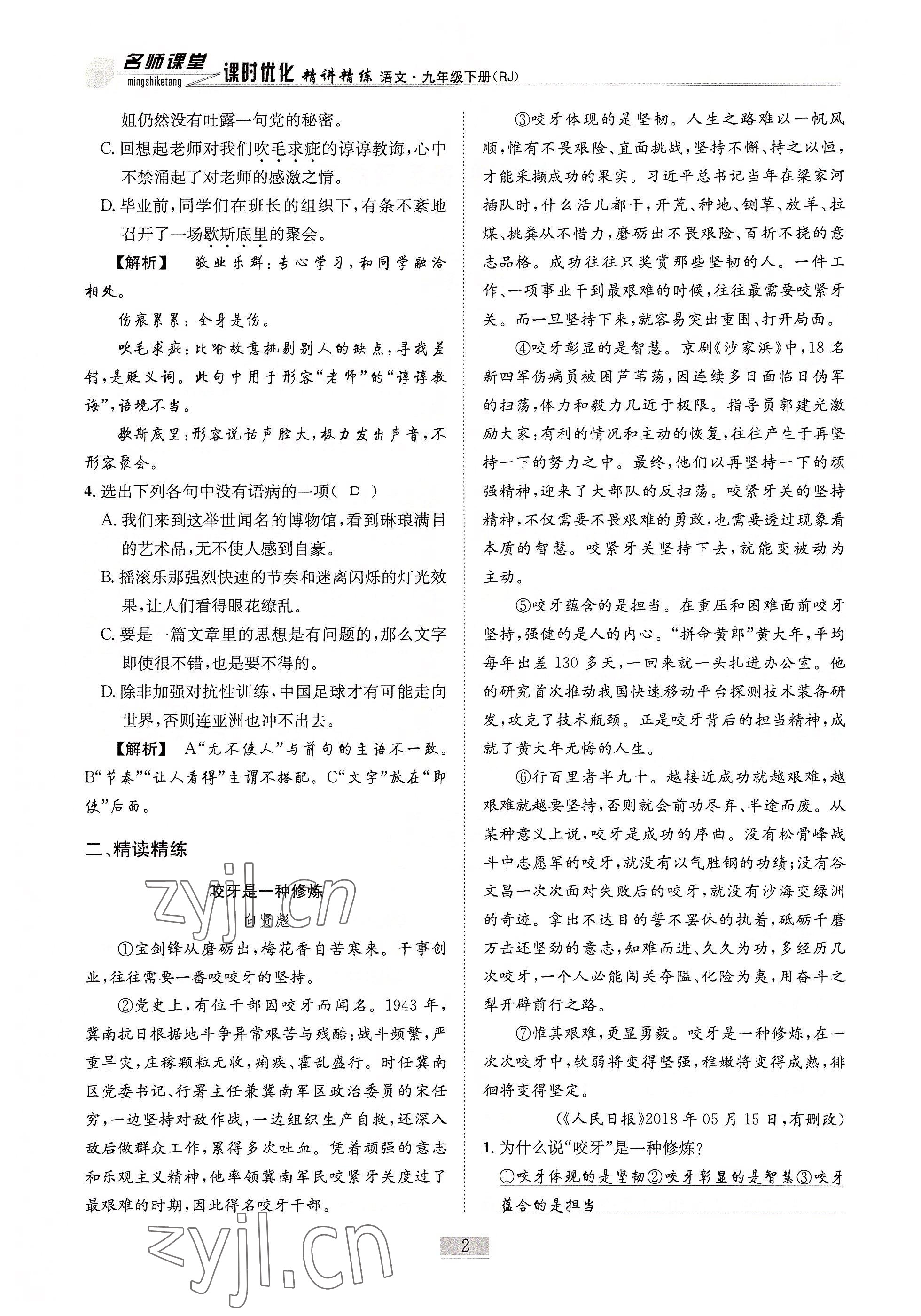 2022年名師課堂課時(shí)優(yōu)化精講精練九年級(jí)語(yǔ)文下冊(cè)人教版 參考答案第2頁(yè)