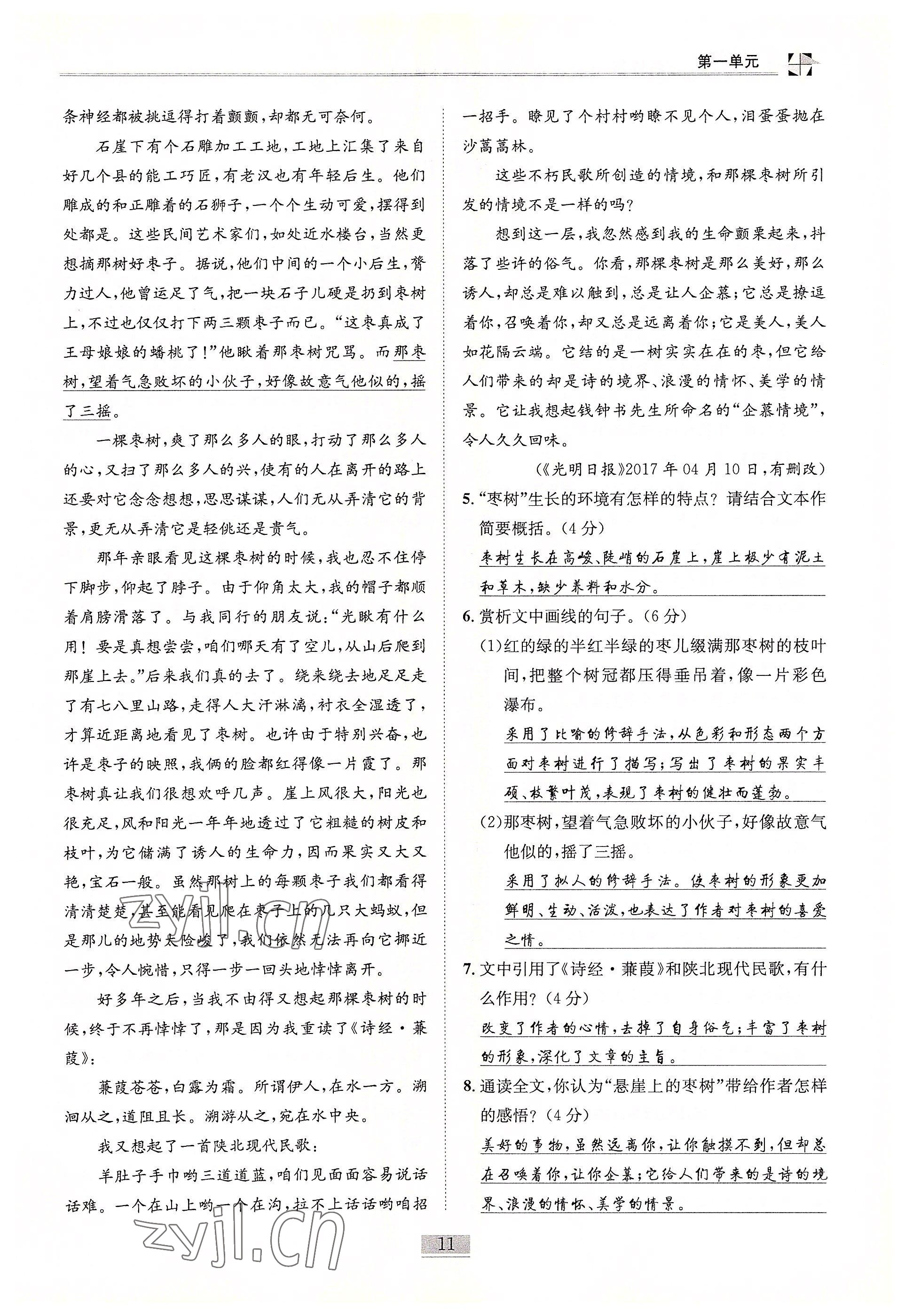 2022年名師課堂課時優化精講精練八年級語文下冊人教版 參考答案第11頁