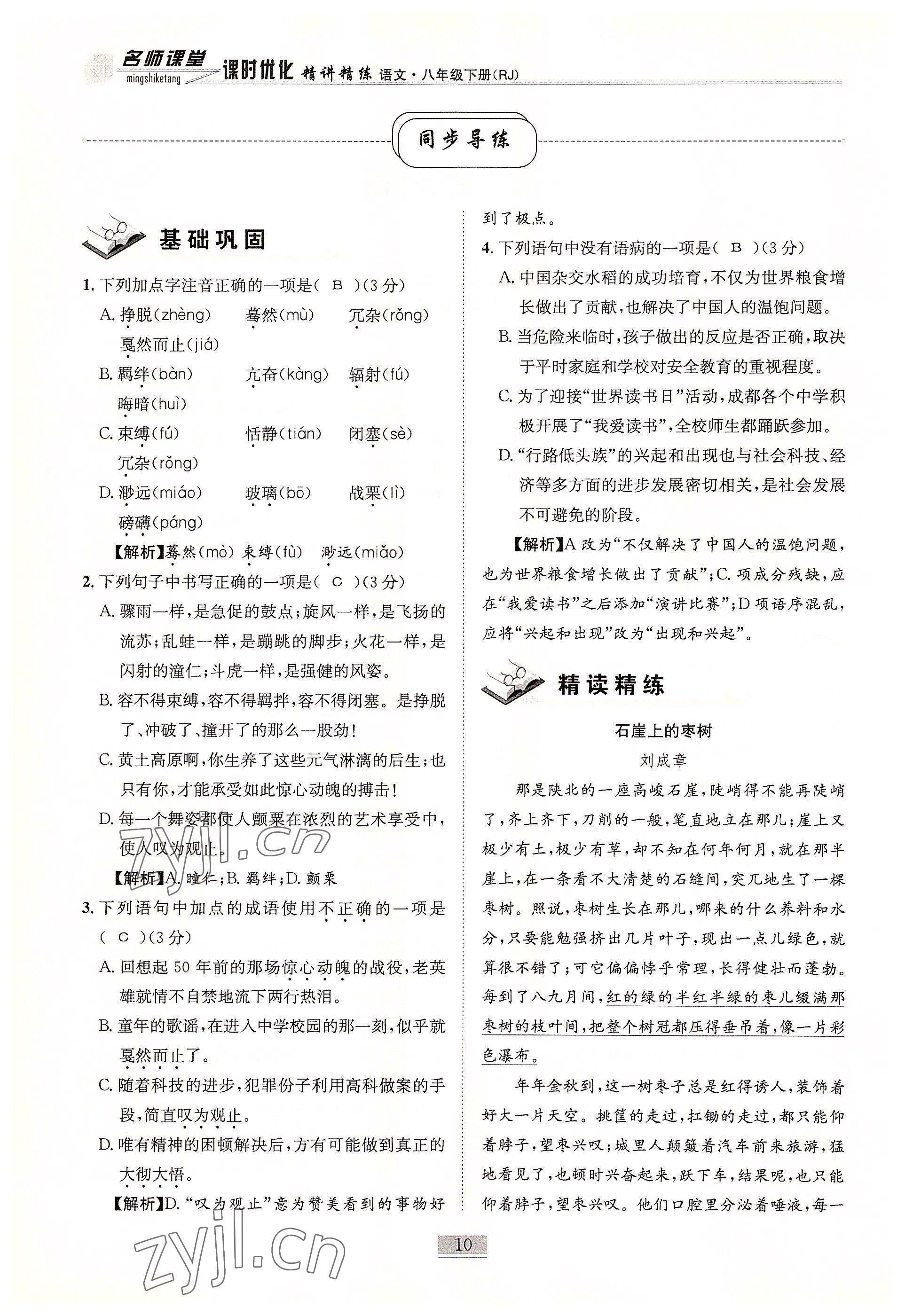 2022年名師課堂課時(shí)優(yōu)化精講精練八年級(jí)語(yǔ)文下冊(cè)人教版 參考答案第10頁(yè)