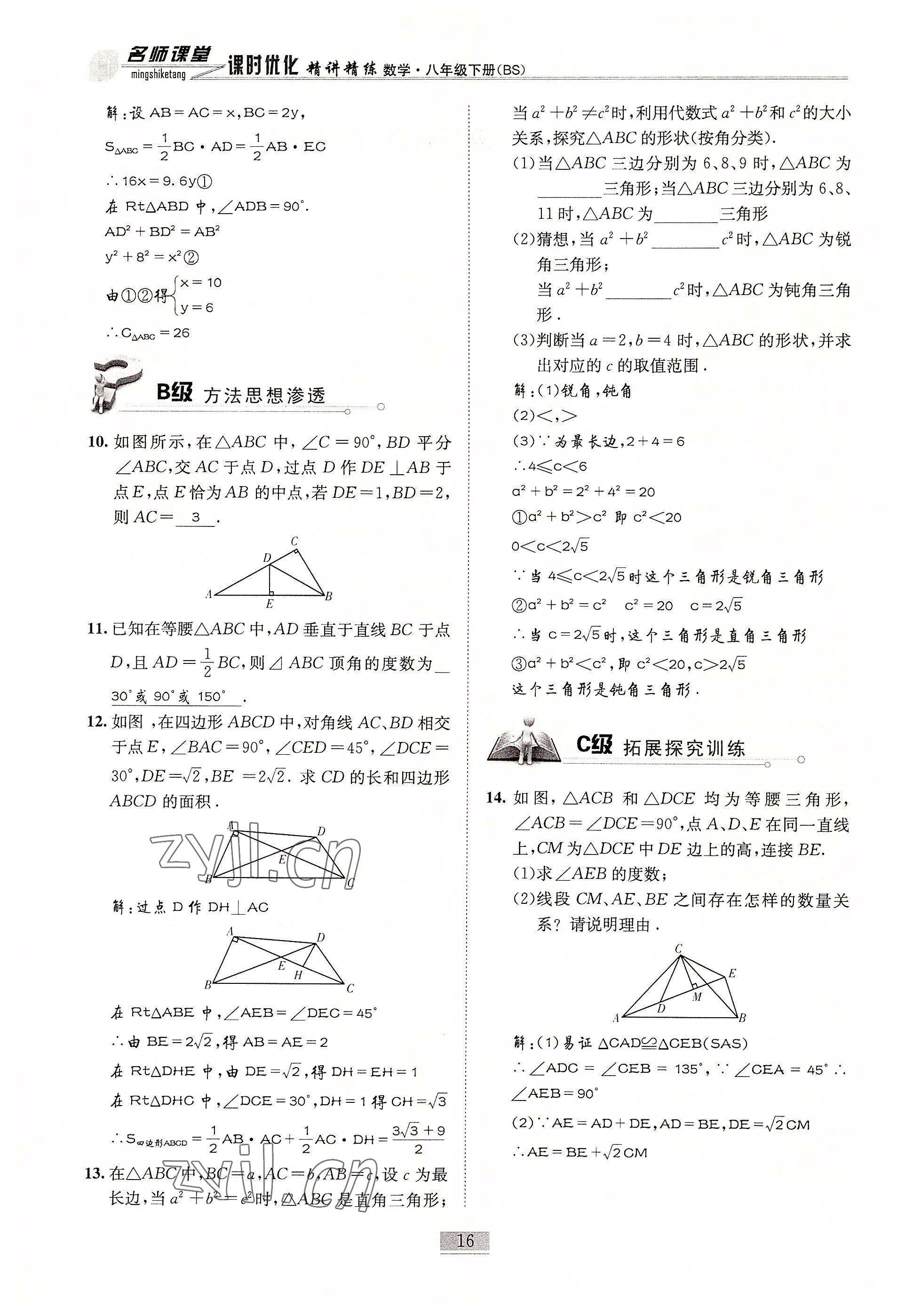 2022年名師課堂課時優(yōu)化精講精練八年級數(shù)學(xué)下冊北師大版 參考答案第16頁