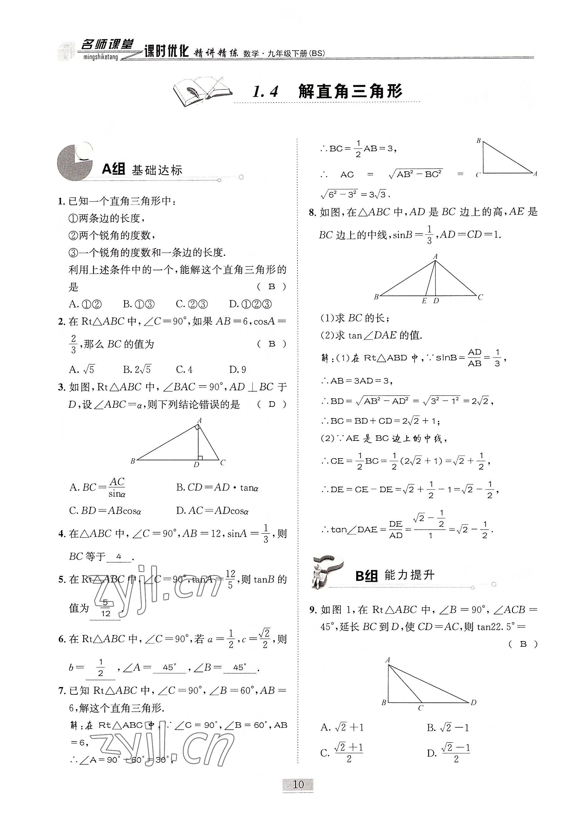 2022年名師課堂課時優(yōu)化精講精練九年級數(shù)學下冊北師大版 參考答案第10頁