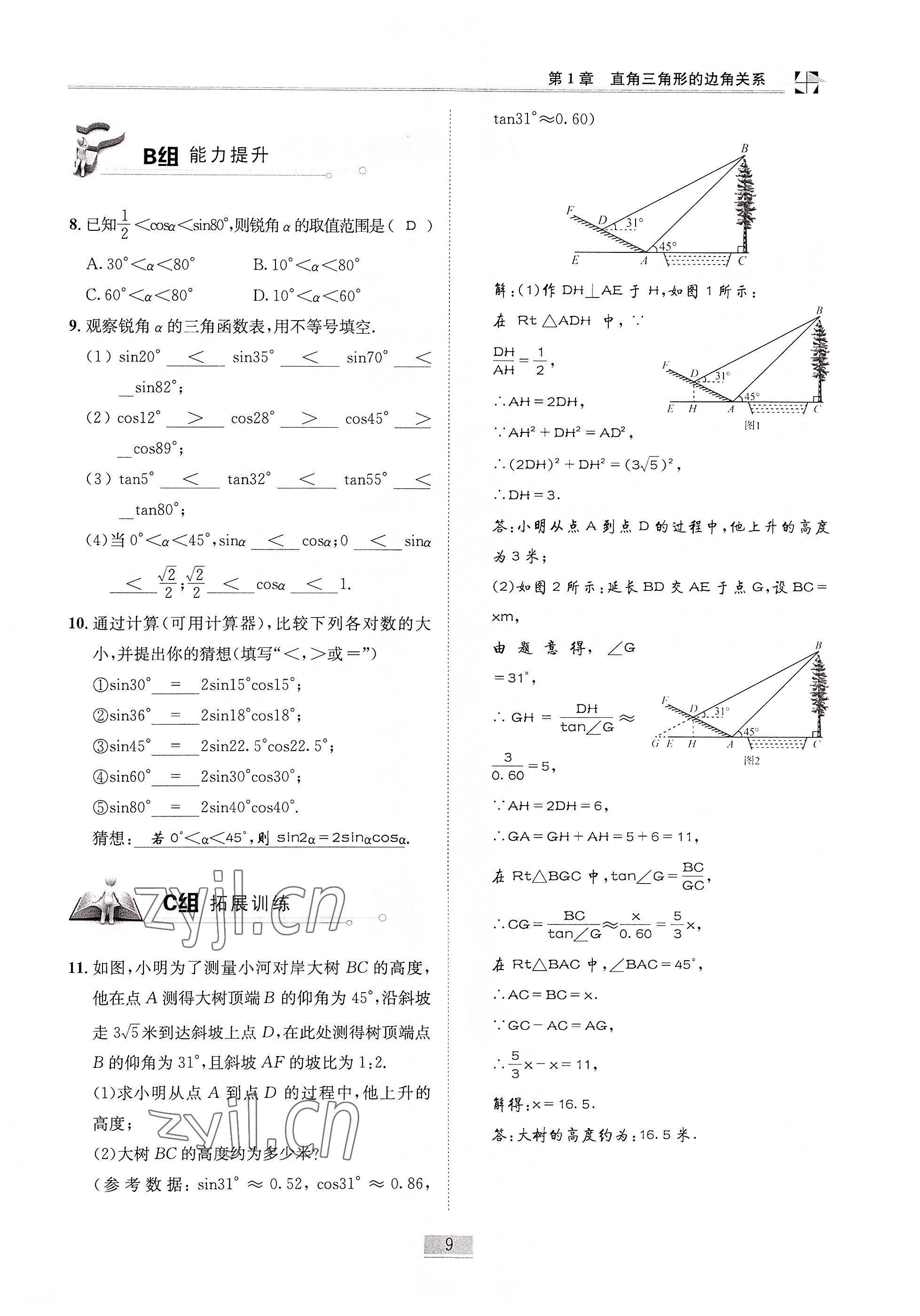 2022年名師課堂課時(shí)優(yōu)化精講精練九年級(jí)數(shù)學(xué)下冊北師大版 參考答案第9頁