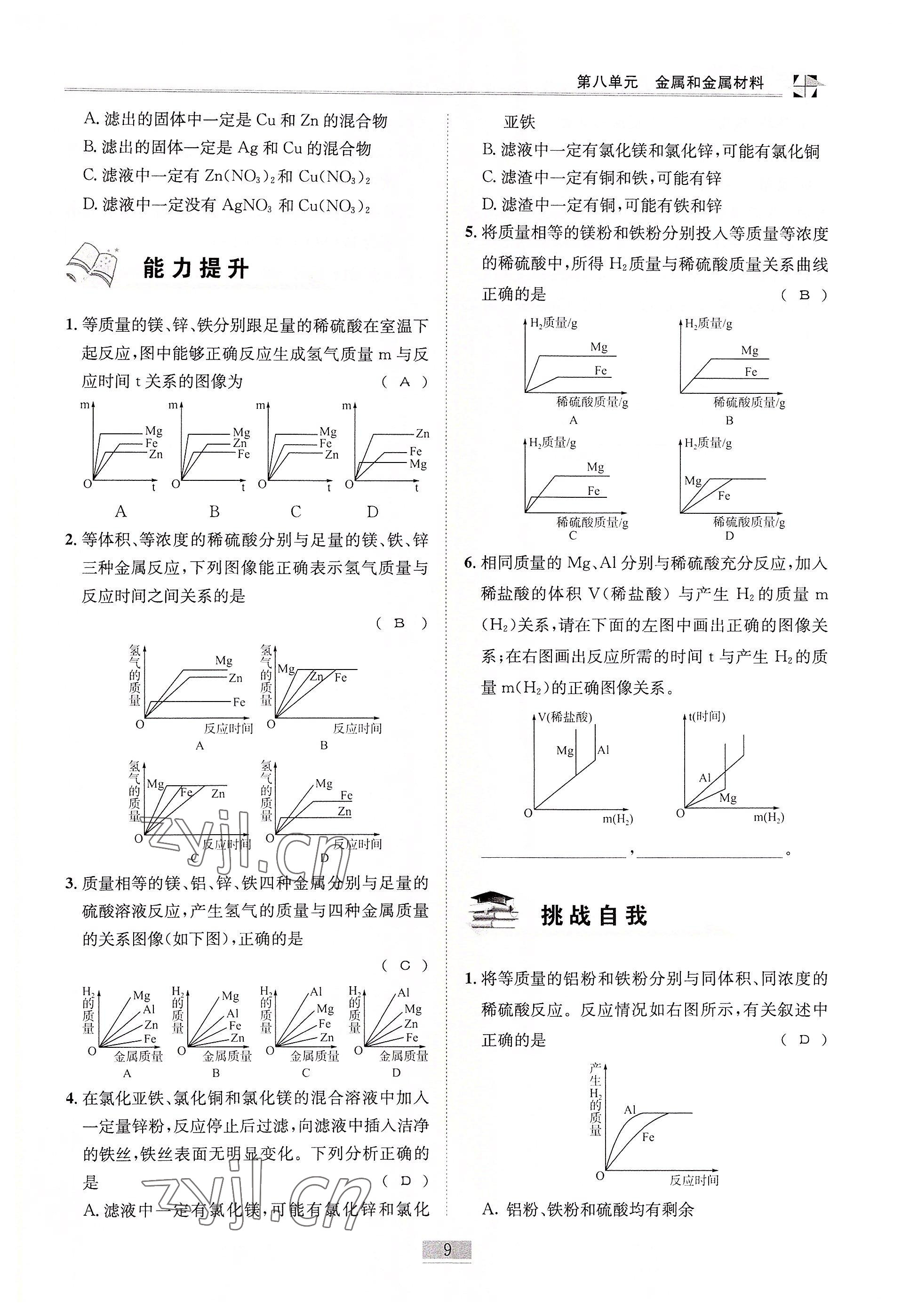 2022年名師課堂課時優化精講精練九年級化學下冊人教版 參考答案第9頁