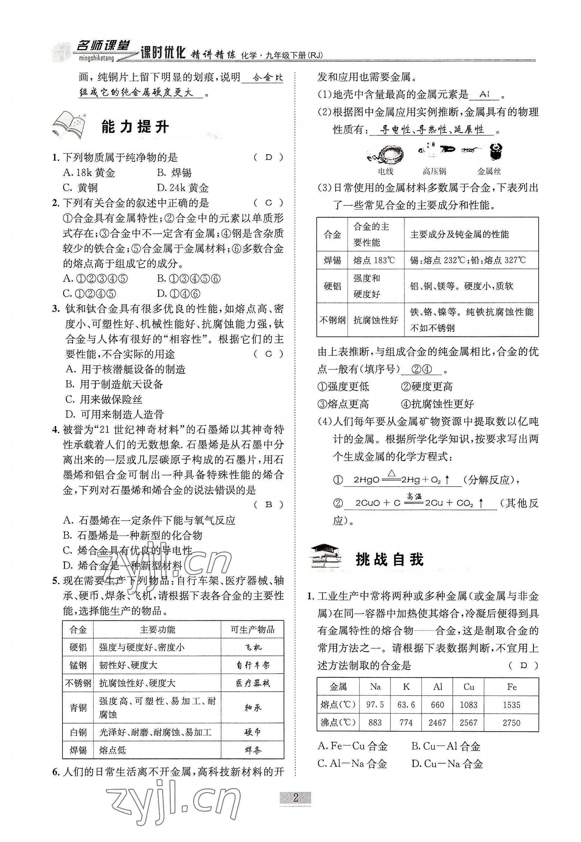 2022年名師課堂課時優化精講精練九年級化學下冊人教版 參考答案第2頁