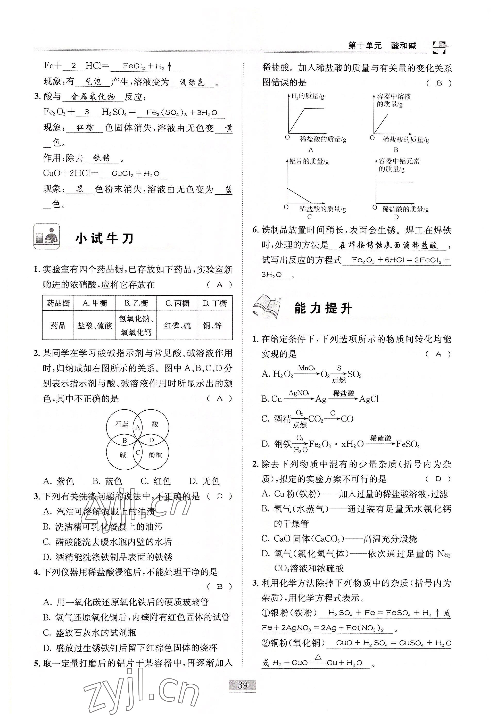 2022年名師課堂課時優化精講精練九年級化學下冊人教版 參考答案第39頁