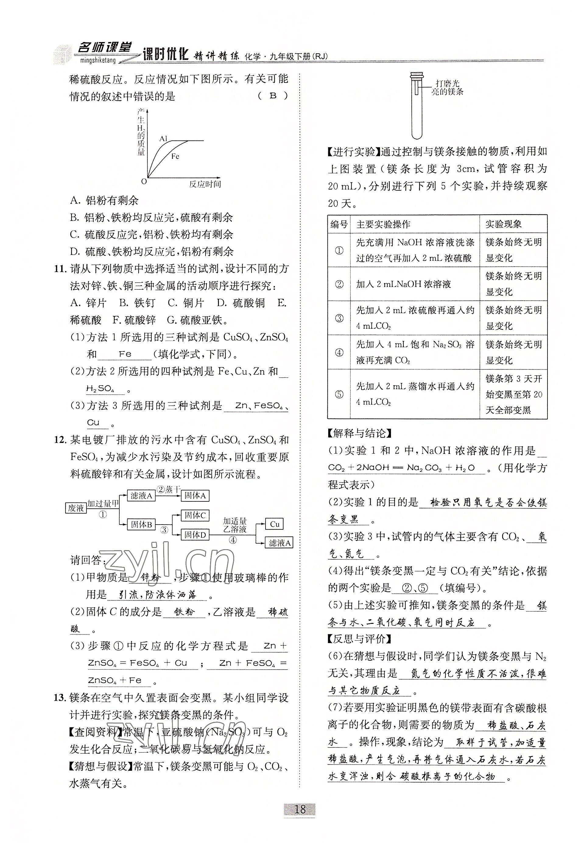 2022年名師課堂課時優化精講精練九年級化學下冊人教版 參考答案第18頁
