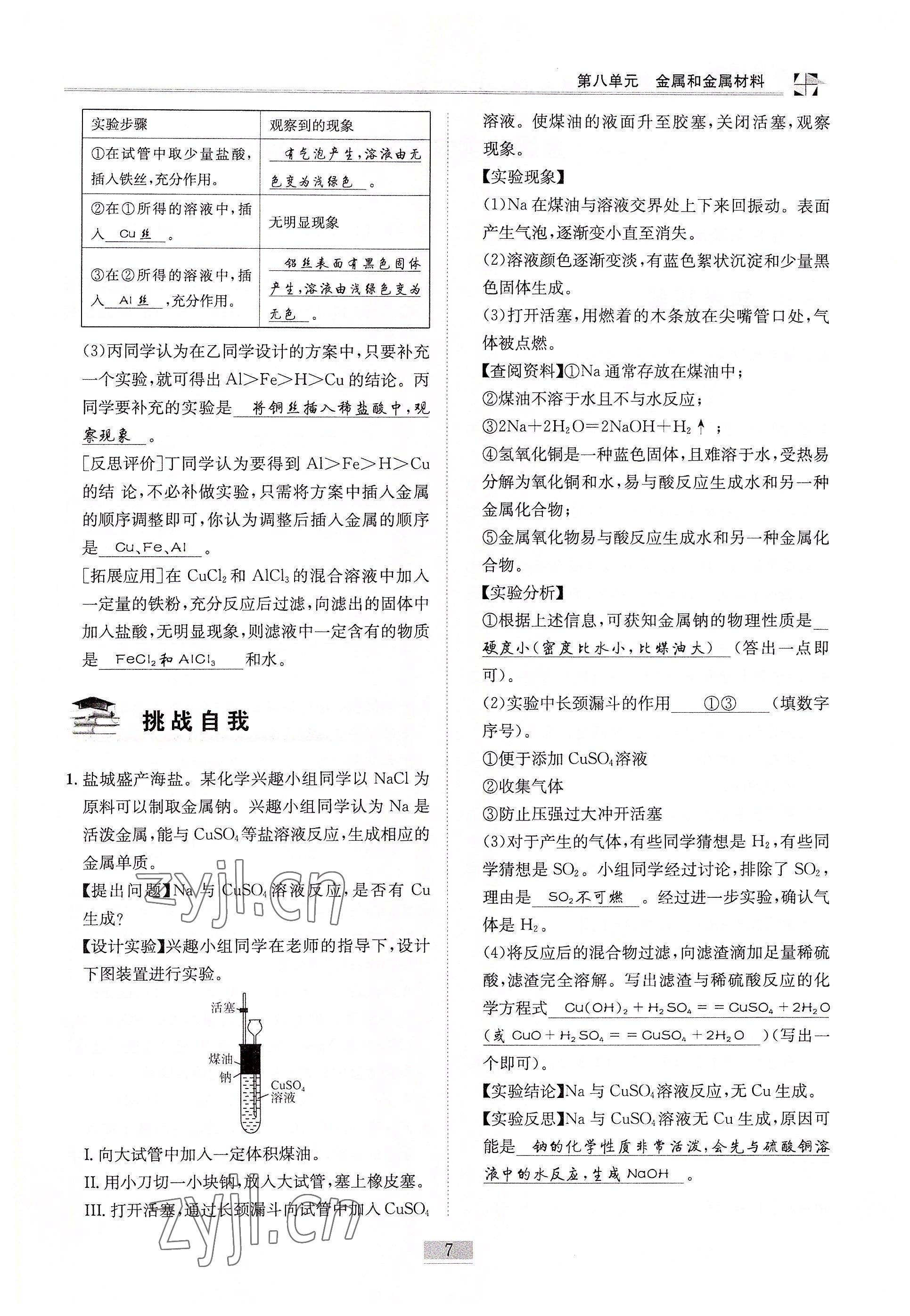2022年名師課堂課時優(yōu)化精講精練九年級化學(xué)下冊人教版 參考答案第7頁