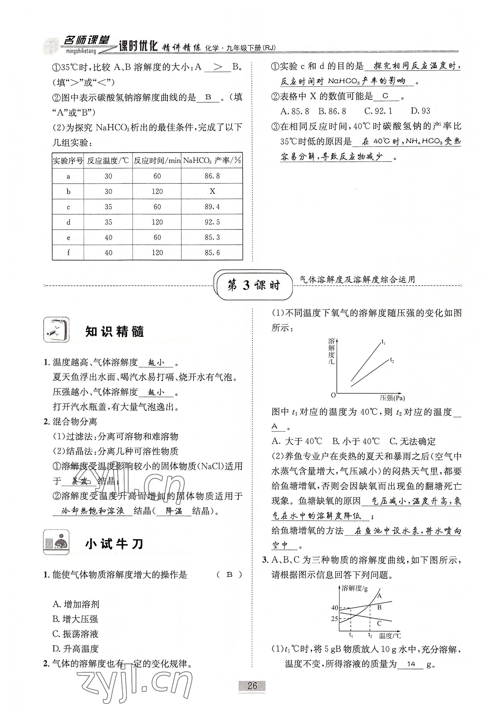 2022年名師課堂課時優化精講精練九年級化學下冊人教版 參考答案第26頁