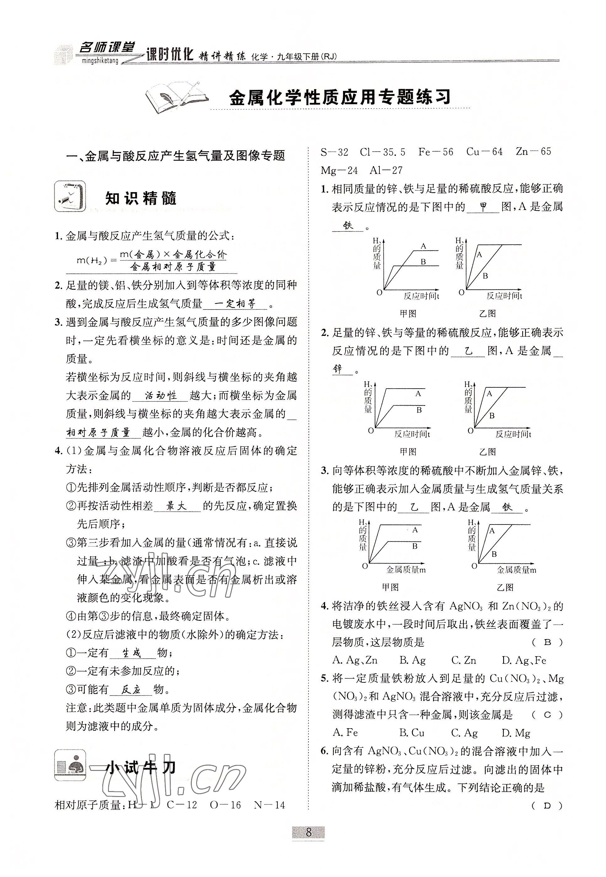2022年名師課堂課時優化精講精練九年級化學下冊人教版 參考答案第8頁