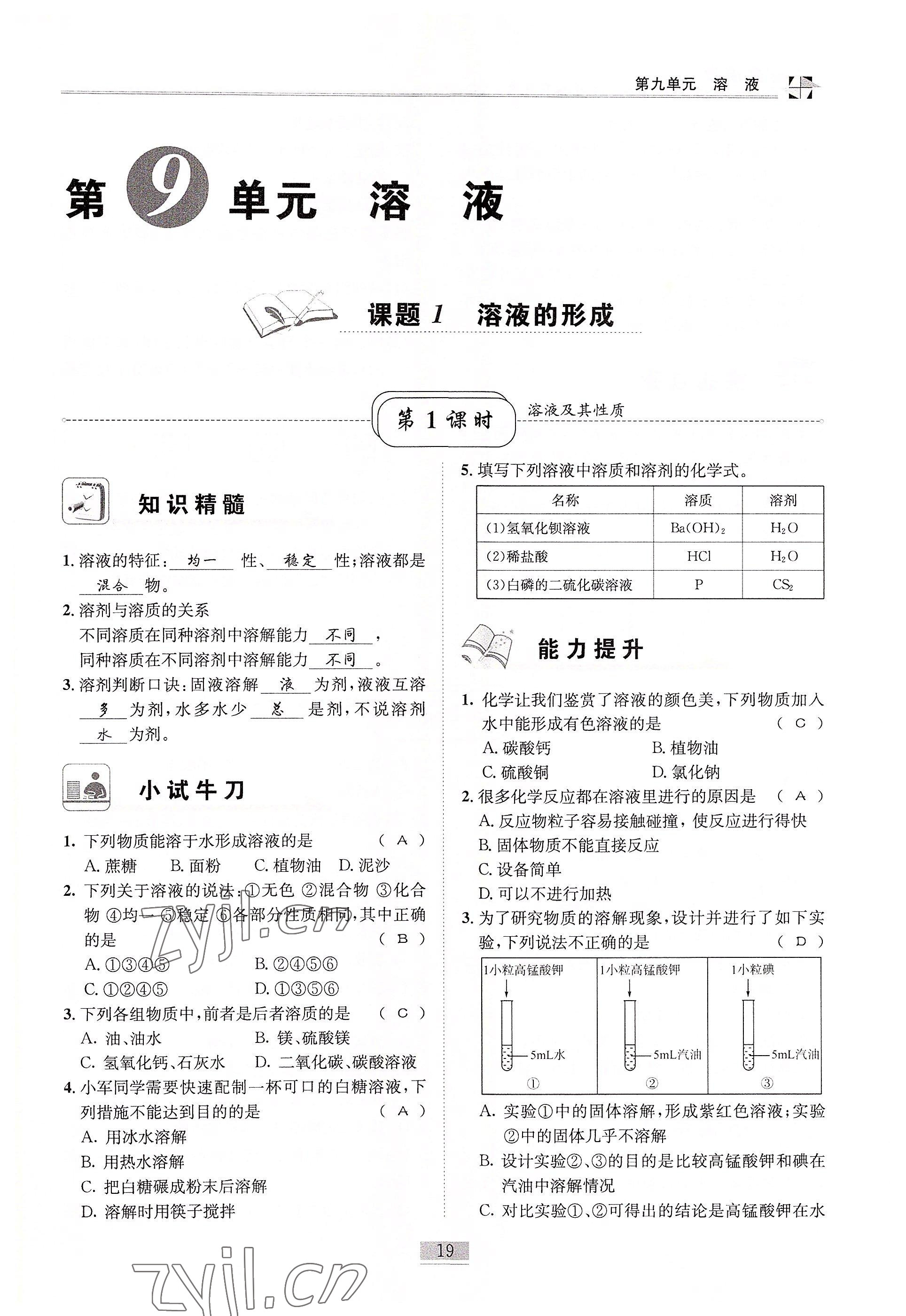 2022年名師課堂課時優化精講精練九年級化學下冊人教版 參考答案第19頁