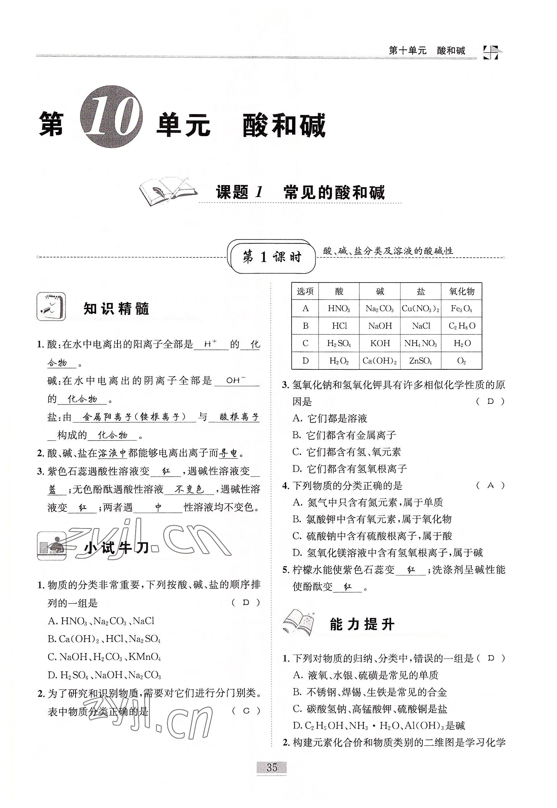 2022年名師課堂課時優化精講精練九年級化學下冊人教版 參考答案第35頁