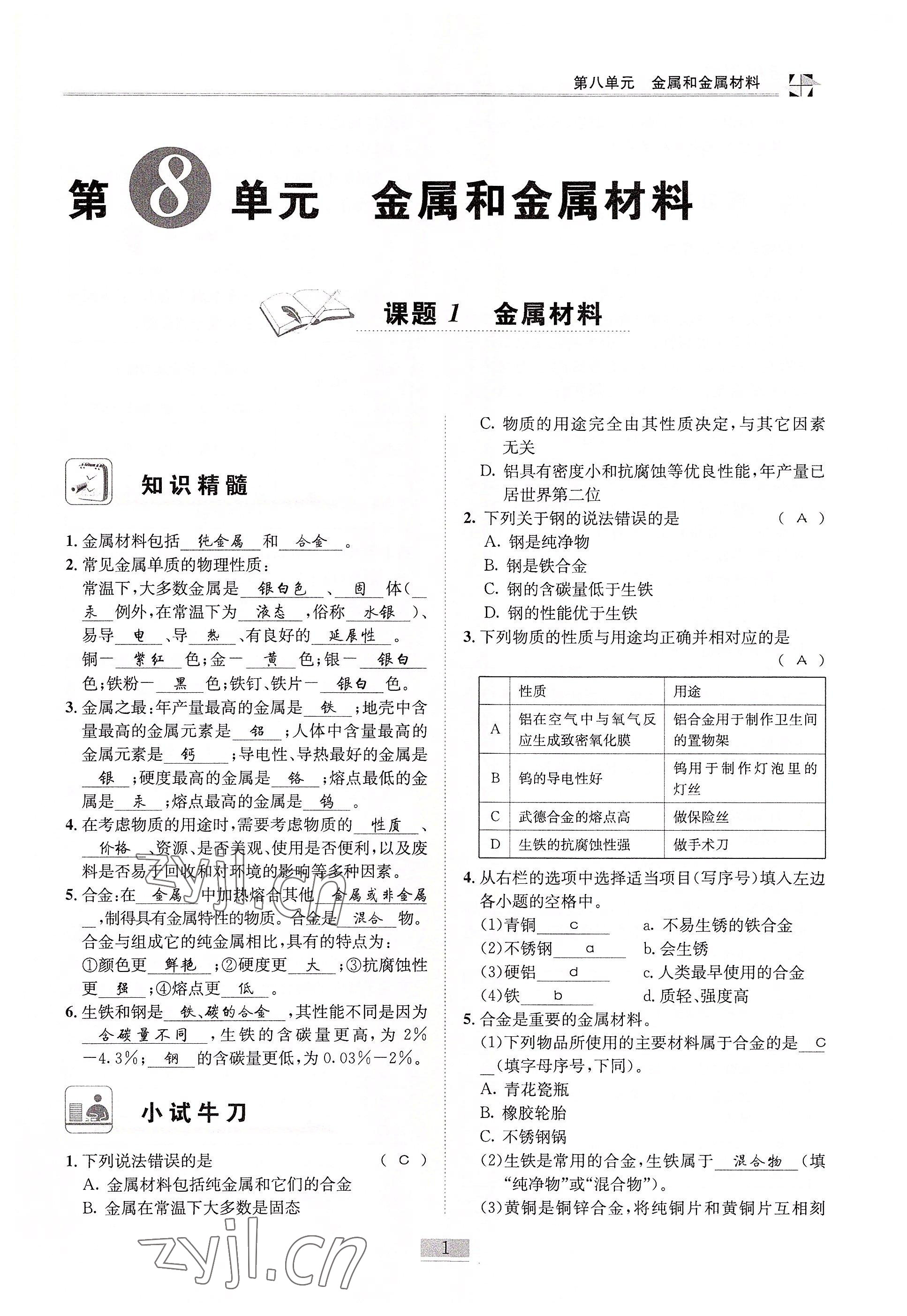2022年名師課堂課時優化精講精練九年級化學下冊人教版 參考答案第1頁