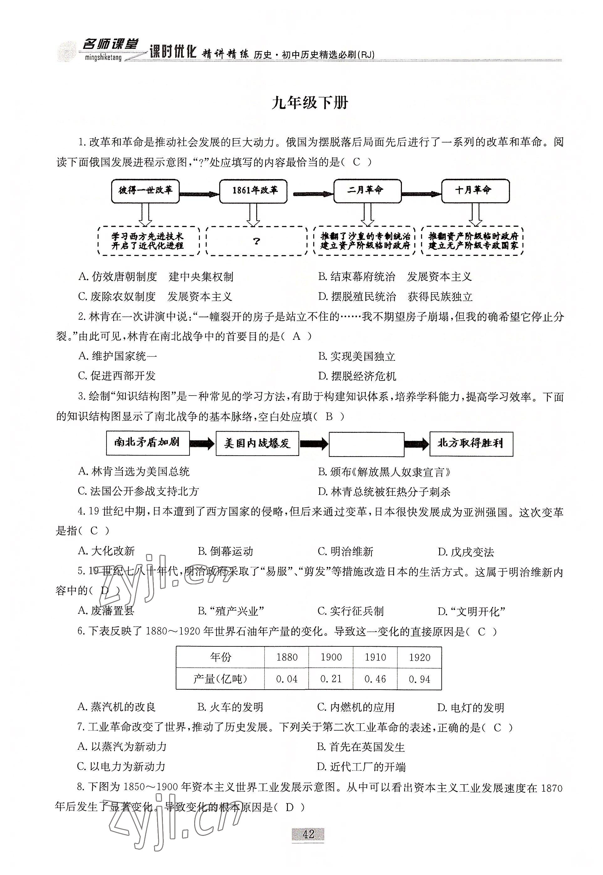 2022年名師課堂課時(shí)優(yōu)化精講精練歷史 參考答案第42頁