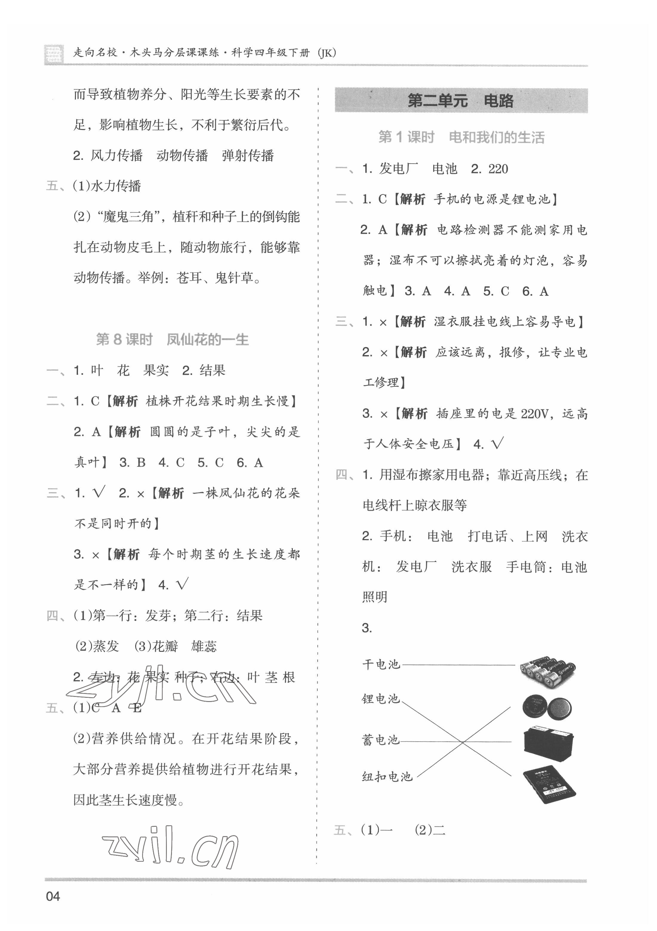 2022年木頭馬分層課課練四年級(jí)科學(xué)下冊(cè)教科版 參考答案第4頁(yè)