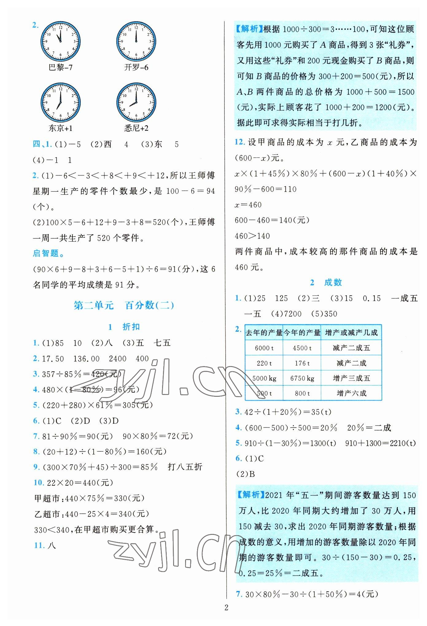 2022年全優(yōu)方案夯實與提高六年級數(shù)學下冊人教版 參考答案第2頁