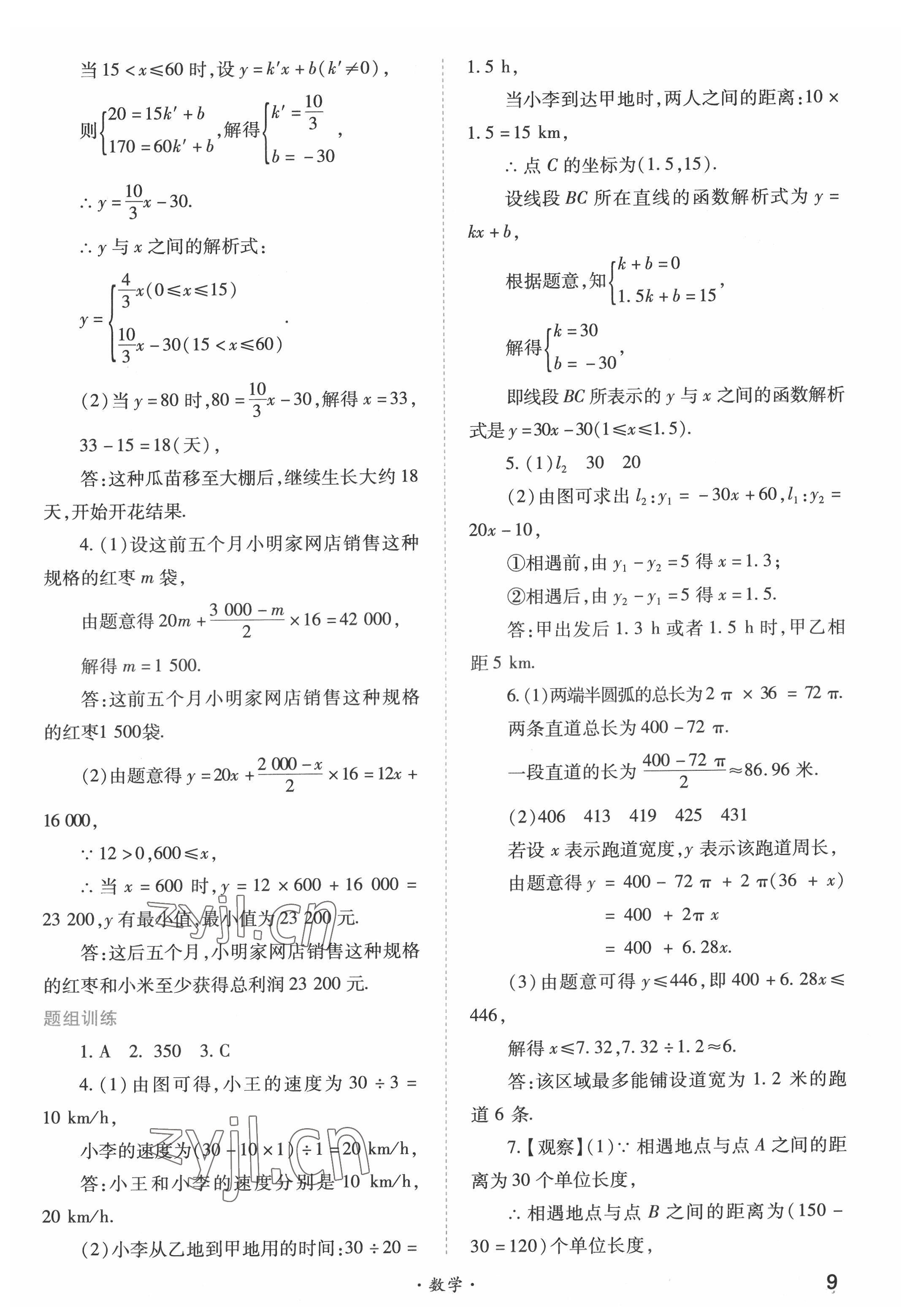 2022年中考一本通高效复习法数学&nbsp;参考答案第9页