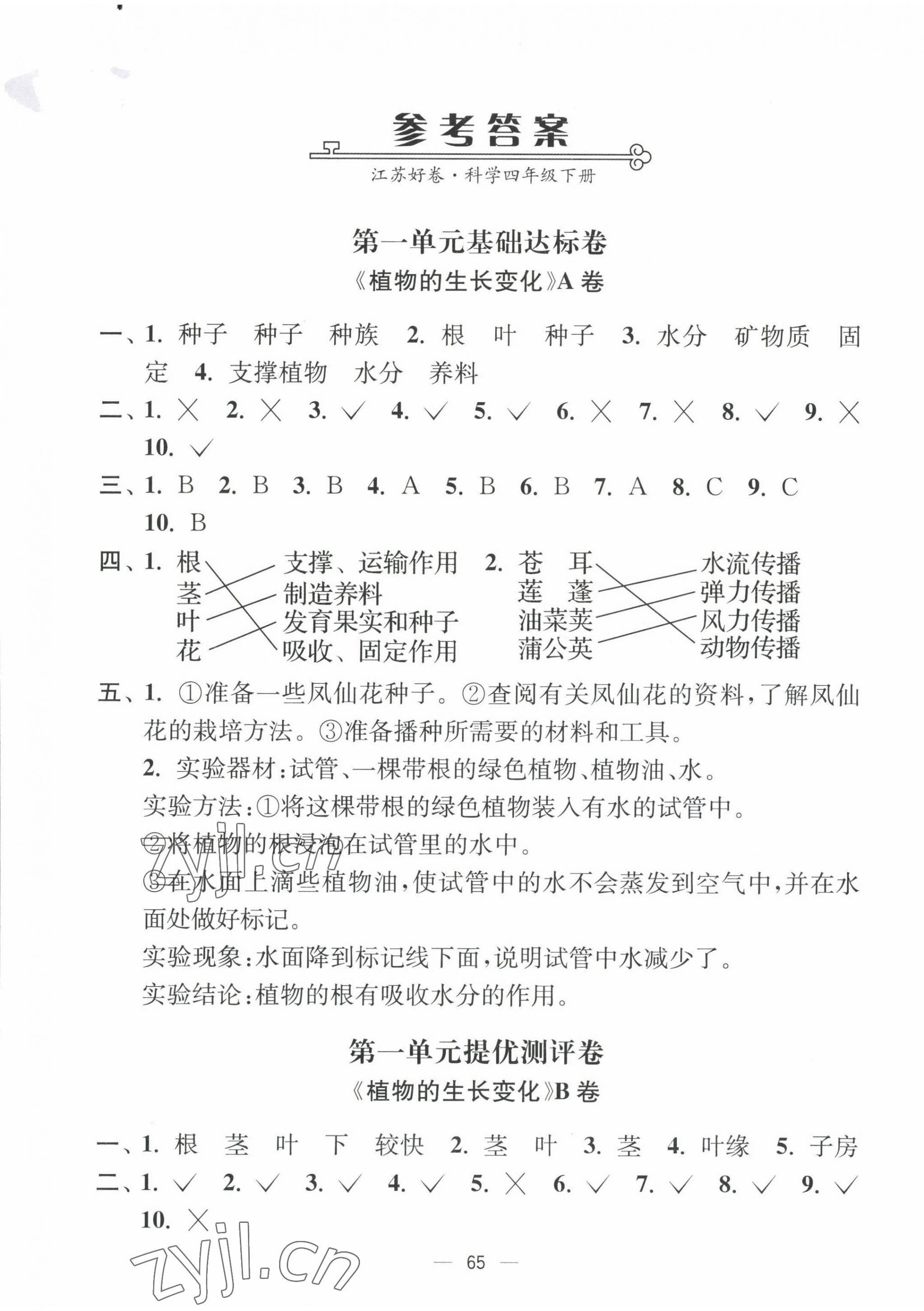 2022年江苏好卷四年级科学下册教科版 参考答案第1页