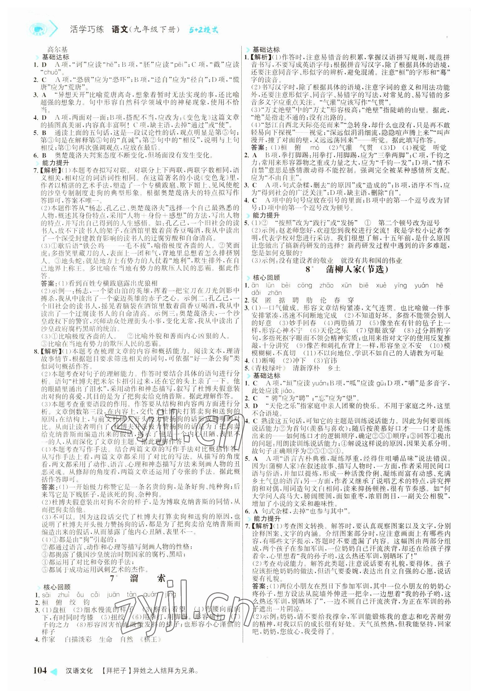 2022年世紀金榜活學巧練九年級語文下冊人教版 參考答案第4頁