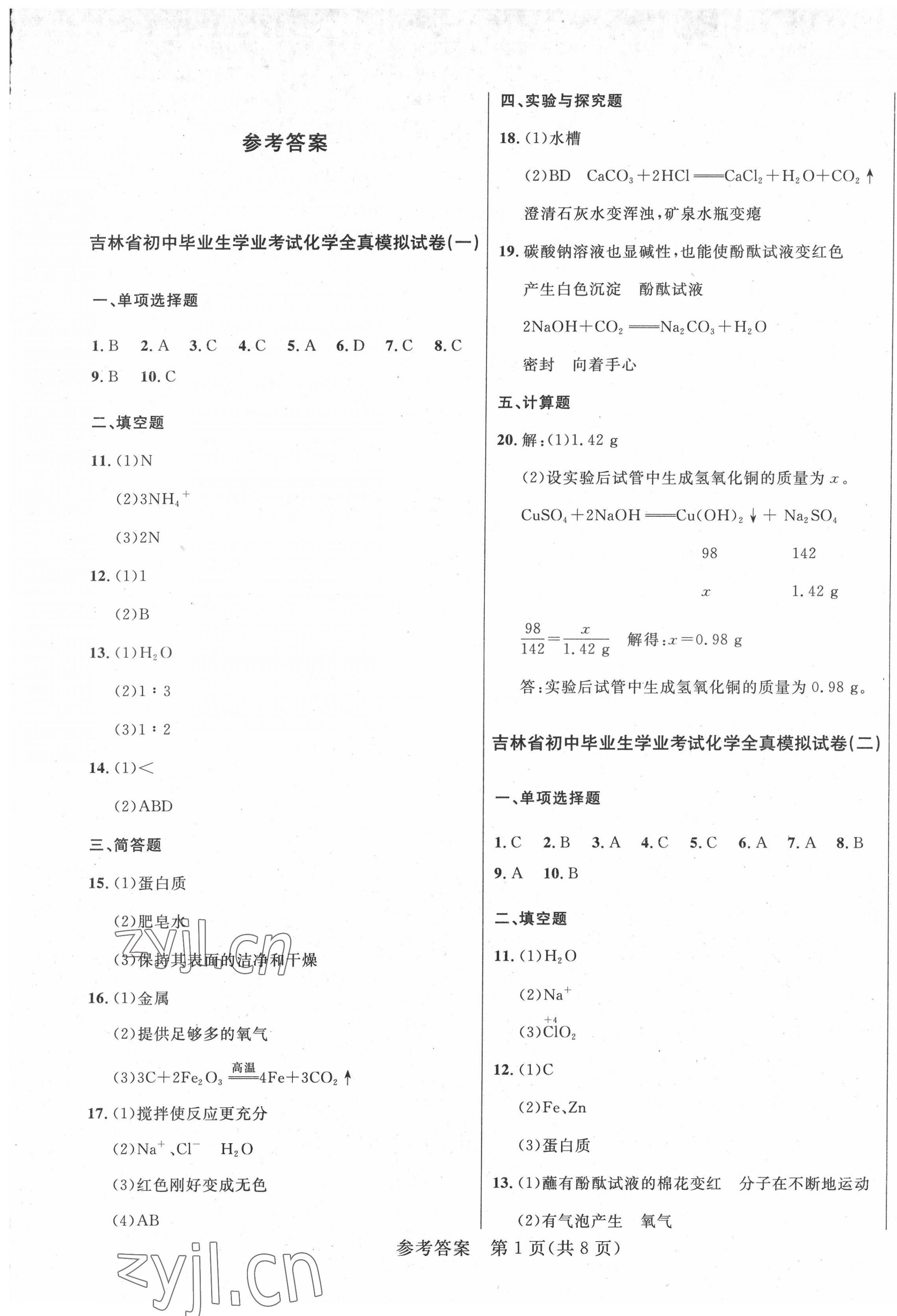 2022年中考1號(hào)全真模擬實(shí)戰(zhàn)卷化學(xué)吉林專版 第1頁