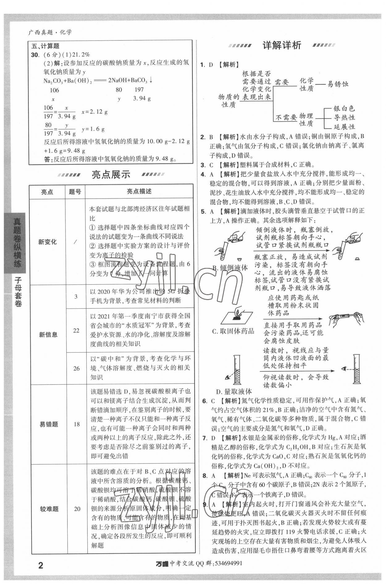 2022年万唯中考广西真题化学 参考答案第2页