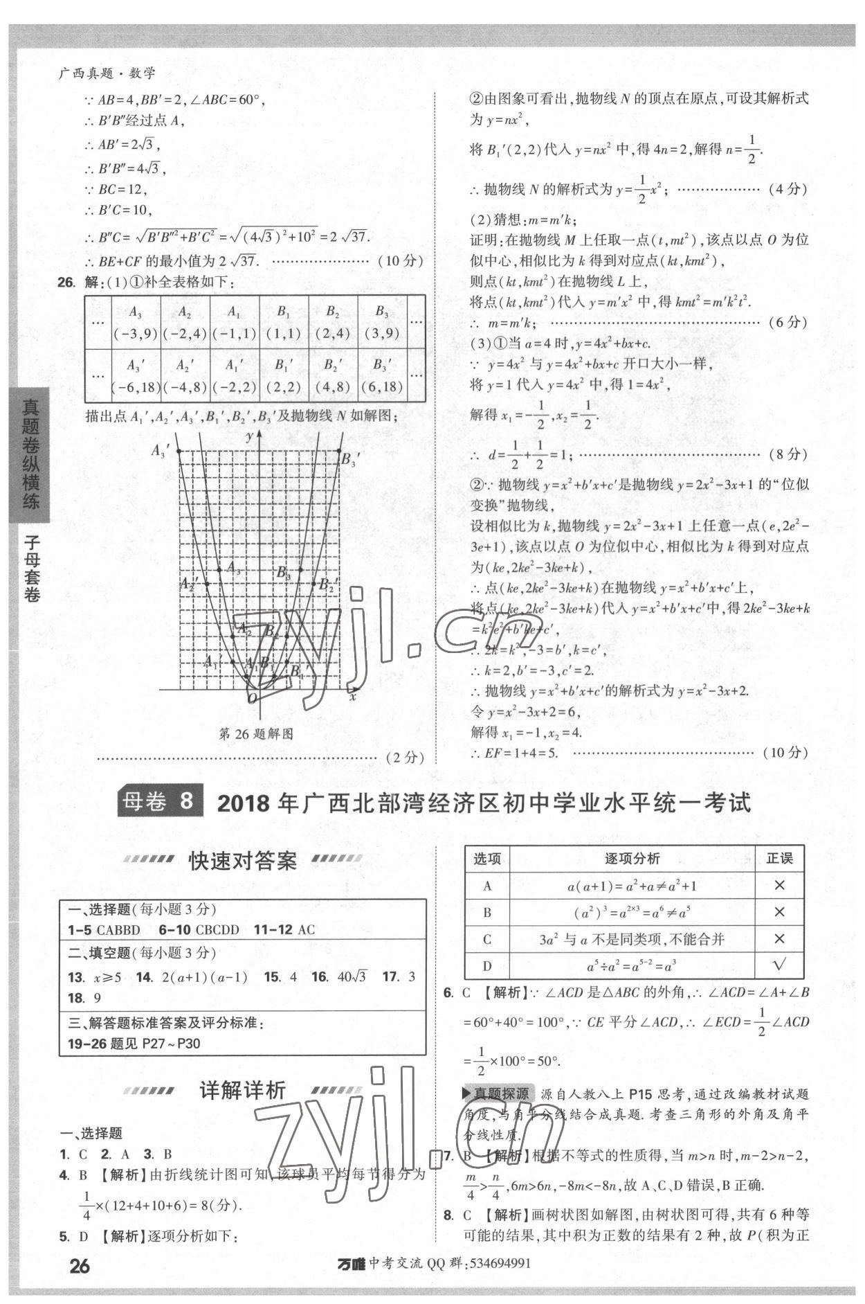 2022年万唯中考广西真题数学&nbsp;参考答案第26页