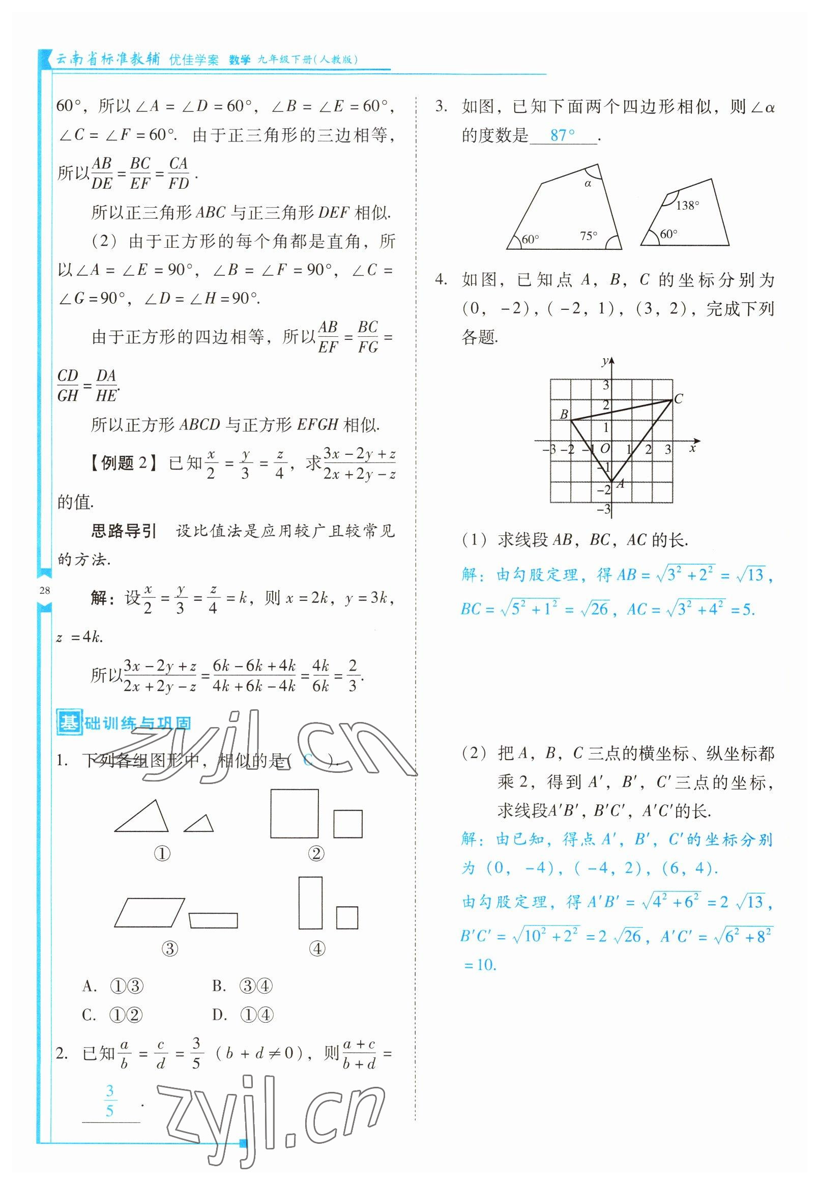 2022年云南省標(biāo)準(zhǔn)教輔優(yōu)佳學(xué)案九年級數(shù)學(xué)下冊人教版 參考答案第28頁