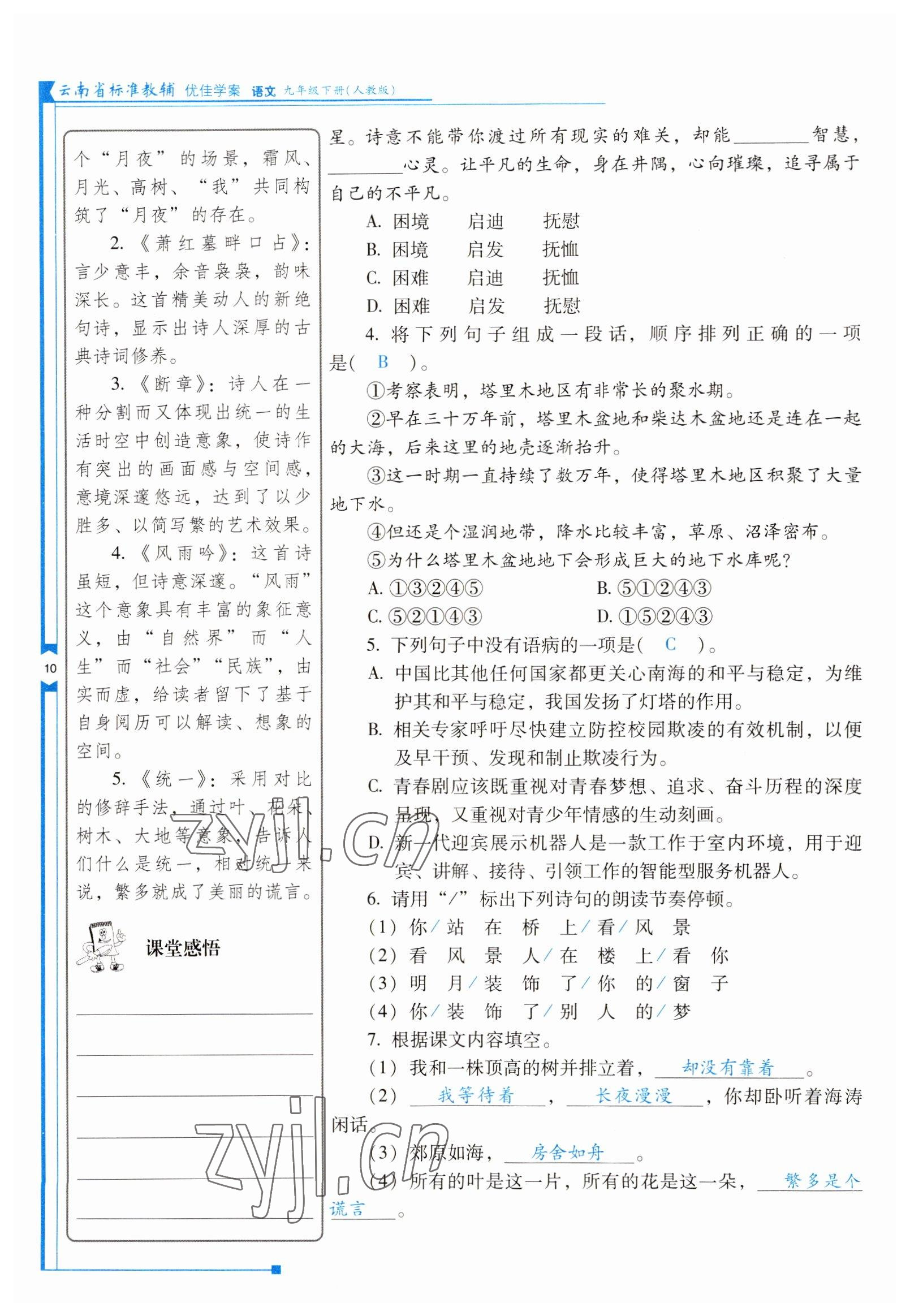 2022年云南省標準教輔優(yōu)佳學案九年級語文下冊人教版 參考答案第10頁