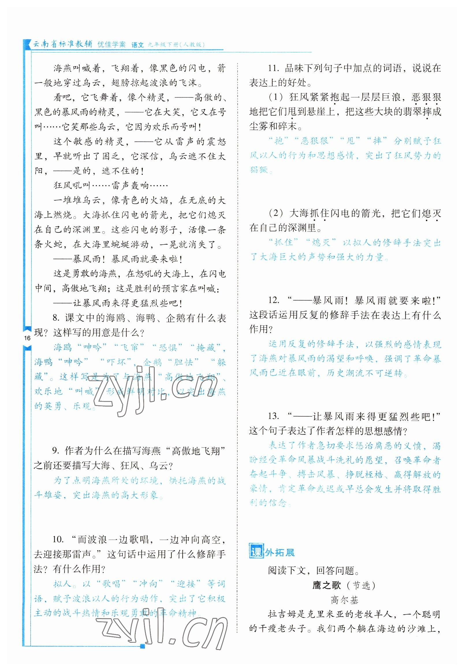 2022年云南省標(biāo)準(zhǔn)教輔優(yōu)佳學(xué)案九年級(jí)語文下冊人教版 參考答案第16頁