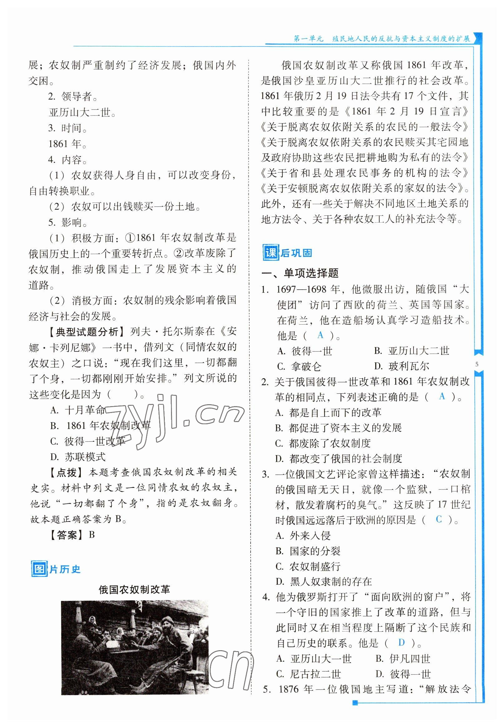 2022年云南省標(biāo)準(zhǔn)教輔優(yōu)佳學(xué)案九年級(jí)歷史下冊(cè)人教版 參考答案第5頁