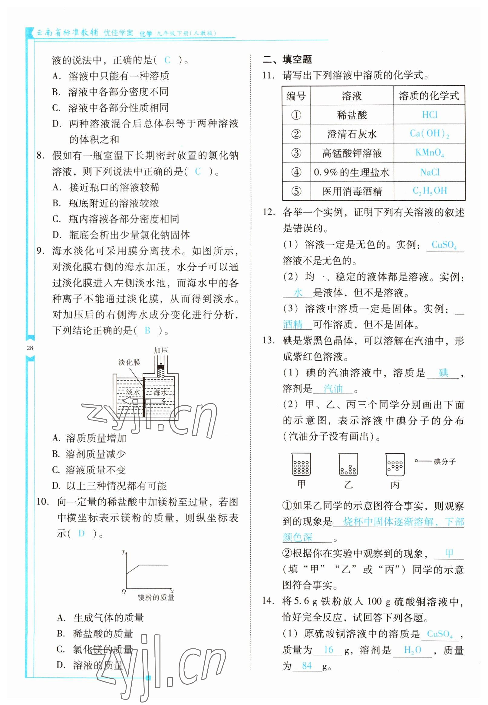 2022年云南省標(biāo)準(zhǔn)教輔優(yōu)佳學(xué)案九年級(jí)化學(xué)下冊(cè)人教版 參考答案第28頁(yè)