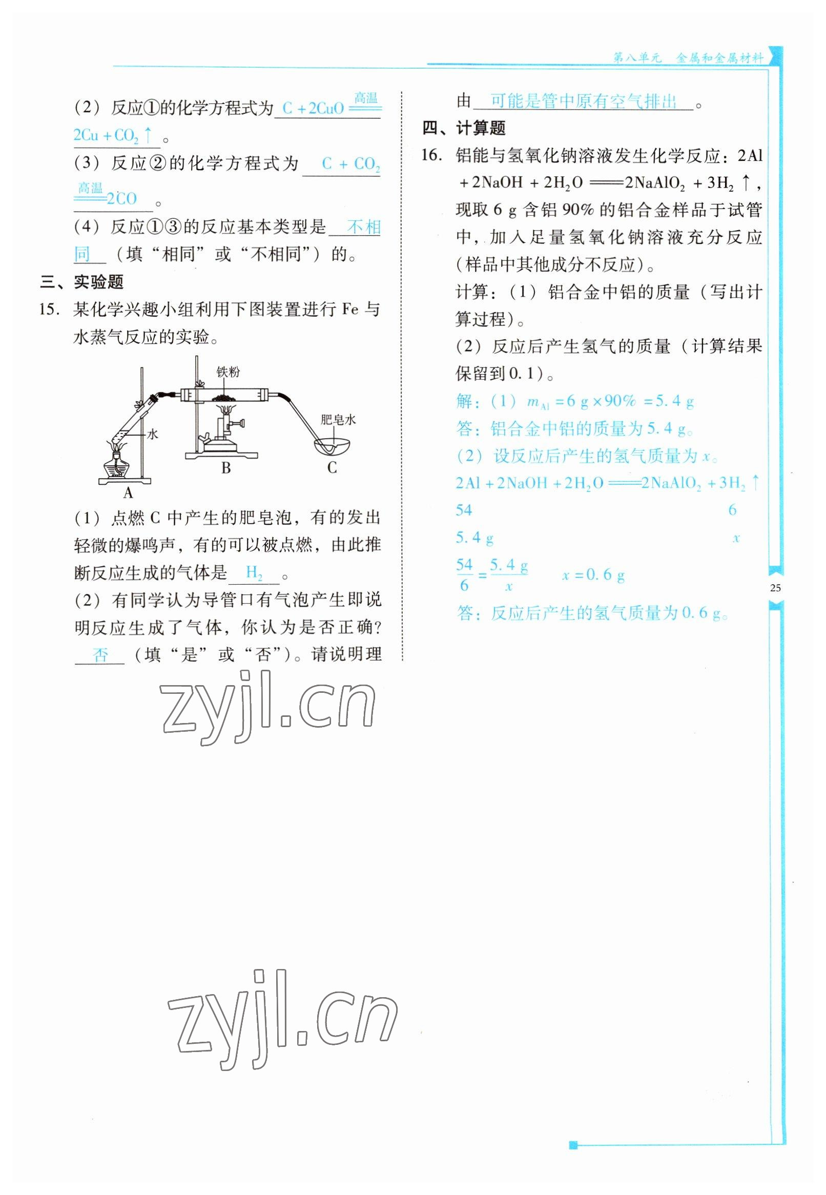 2022年云南省標(biāo)準(zhǔn)教輔優(yōu)佳學(xué)案九年級化學(xué)下冊人教版 參考答案第25頁