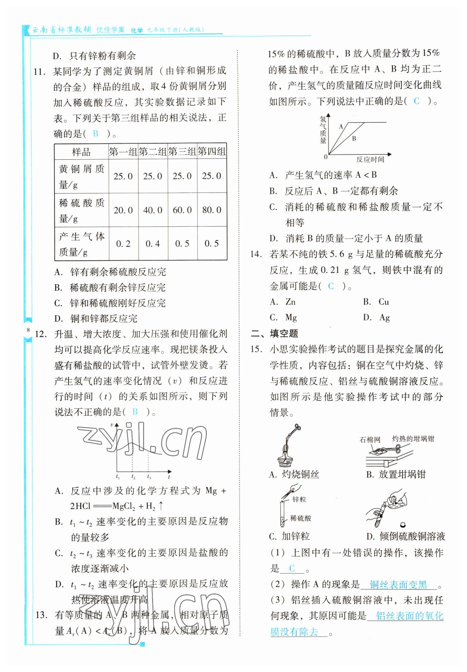 2022年云南省標準教輔優(yōu)佳學案九年級化學下冊人教版 參考答案第8頁