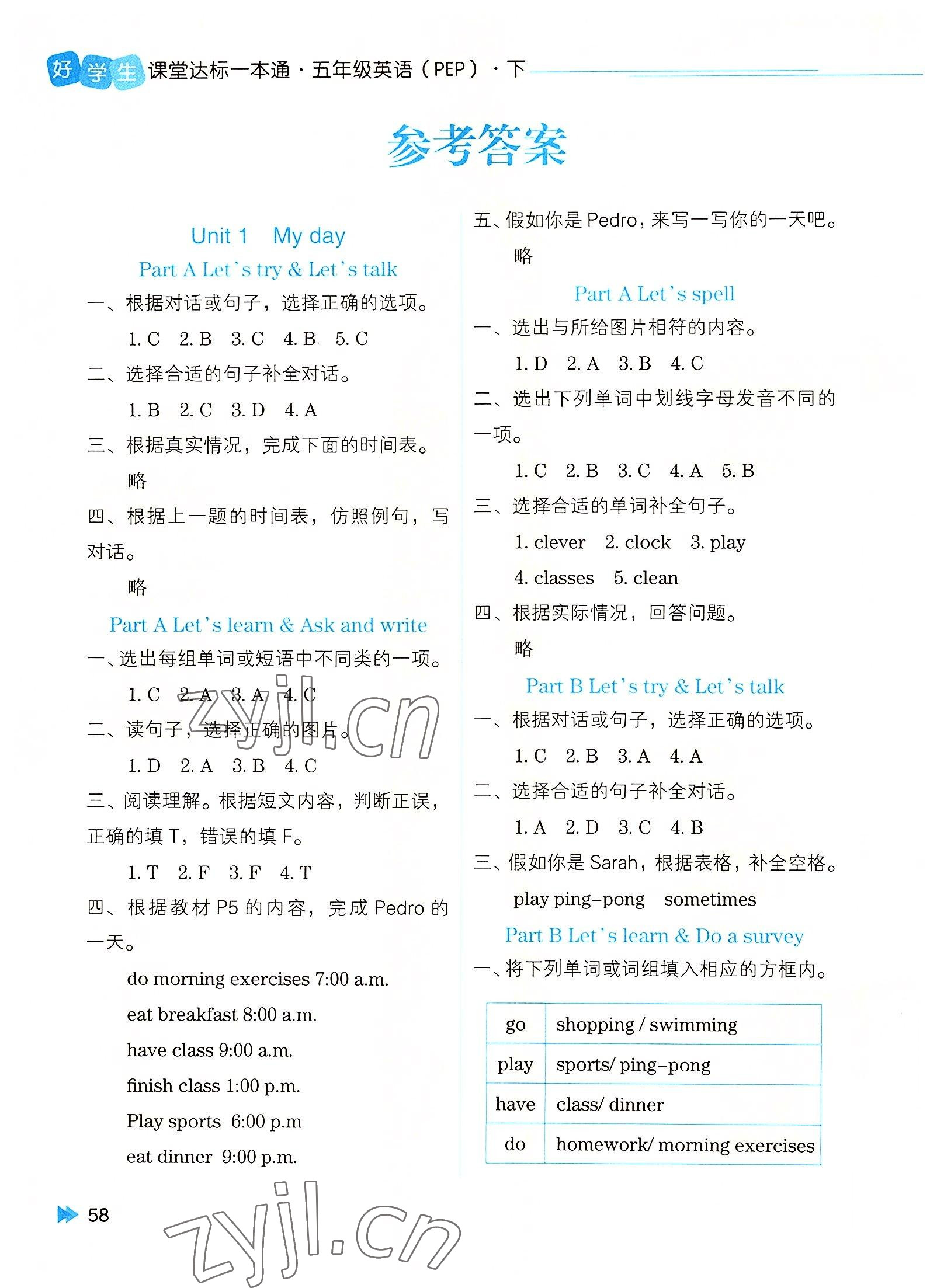 2022年好學(xué)生課堂達(dá)標(biāo)英語一本通五年級(jí)英語下冊人教版 第1頁