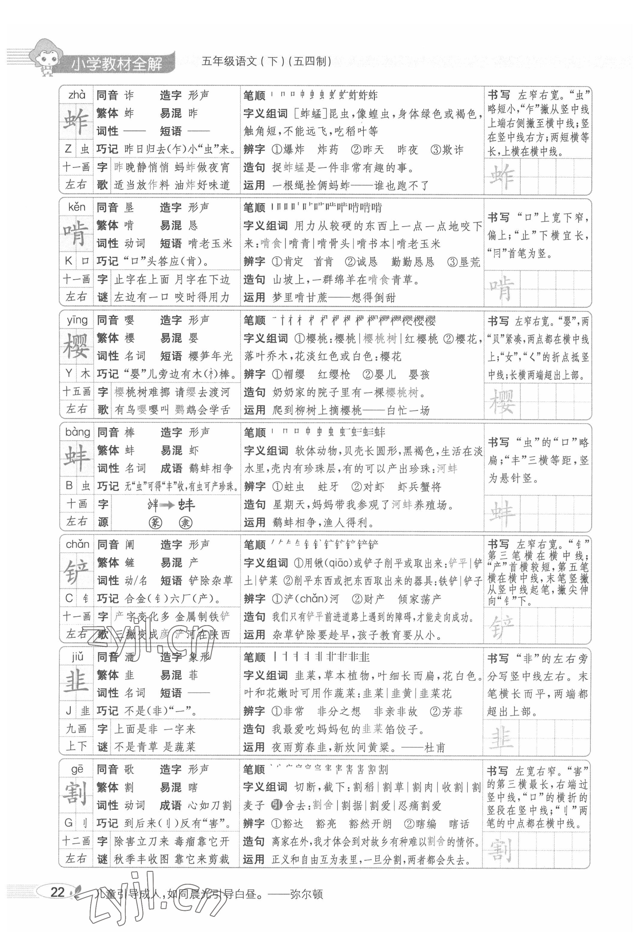 2022年教材課本五年級(jí)語文下冊人教版五四制 參考答案第22頁