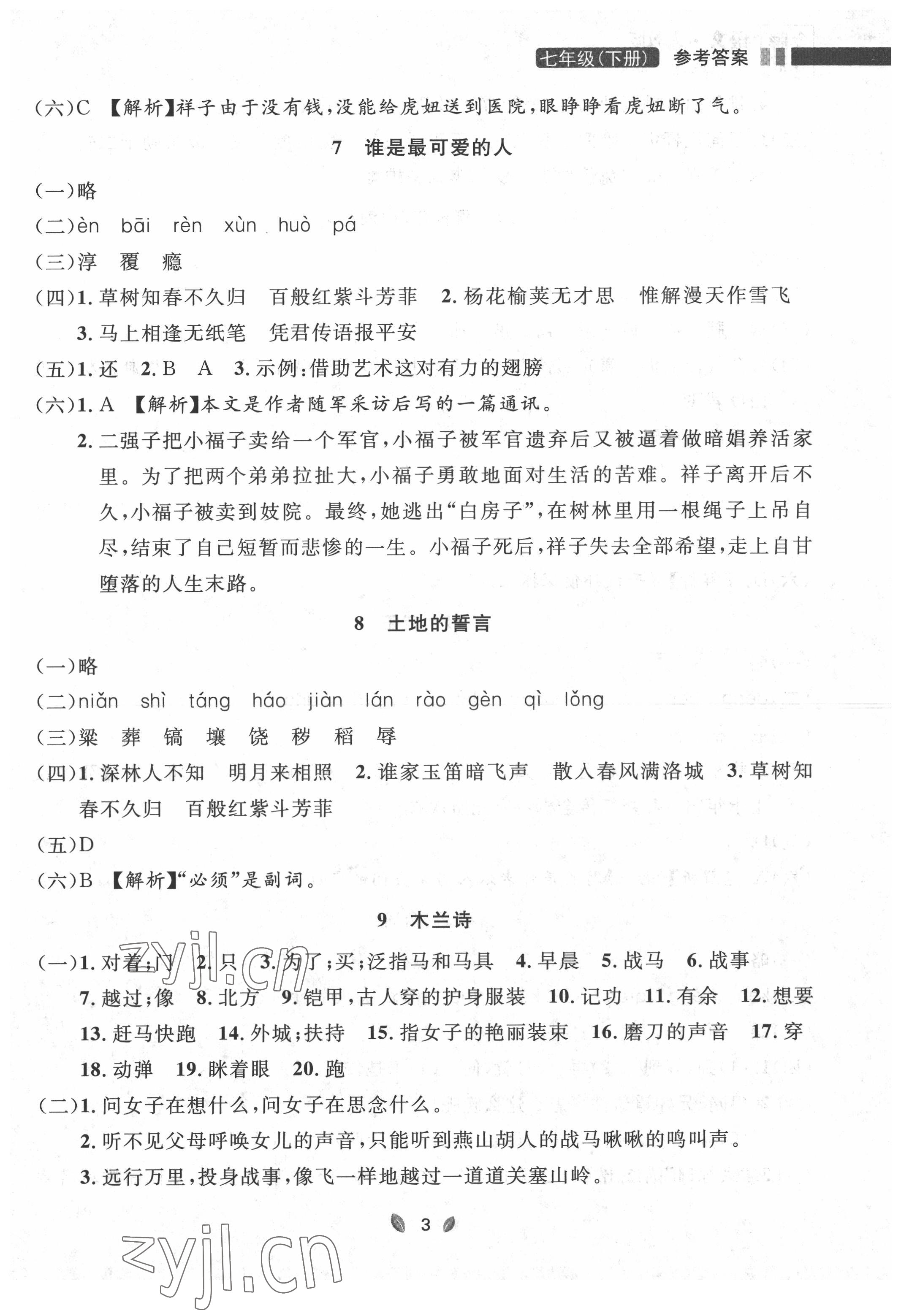 2022年点石成金金牌夺冠七年级语文下册人教版大连专版 参考答案第3页