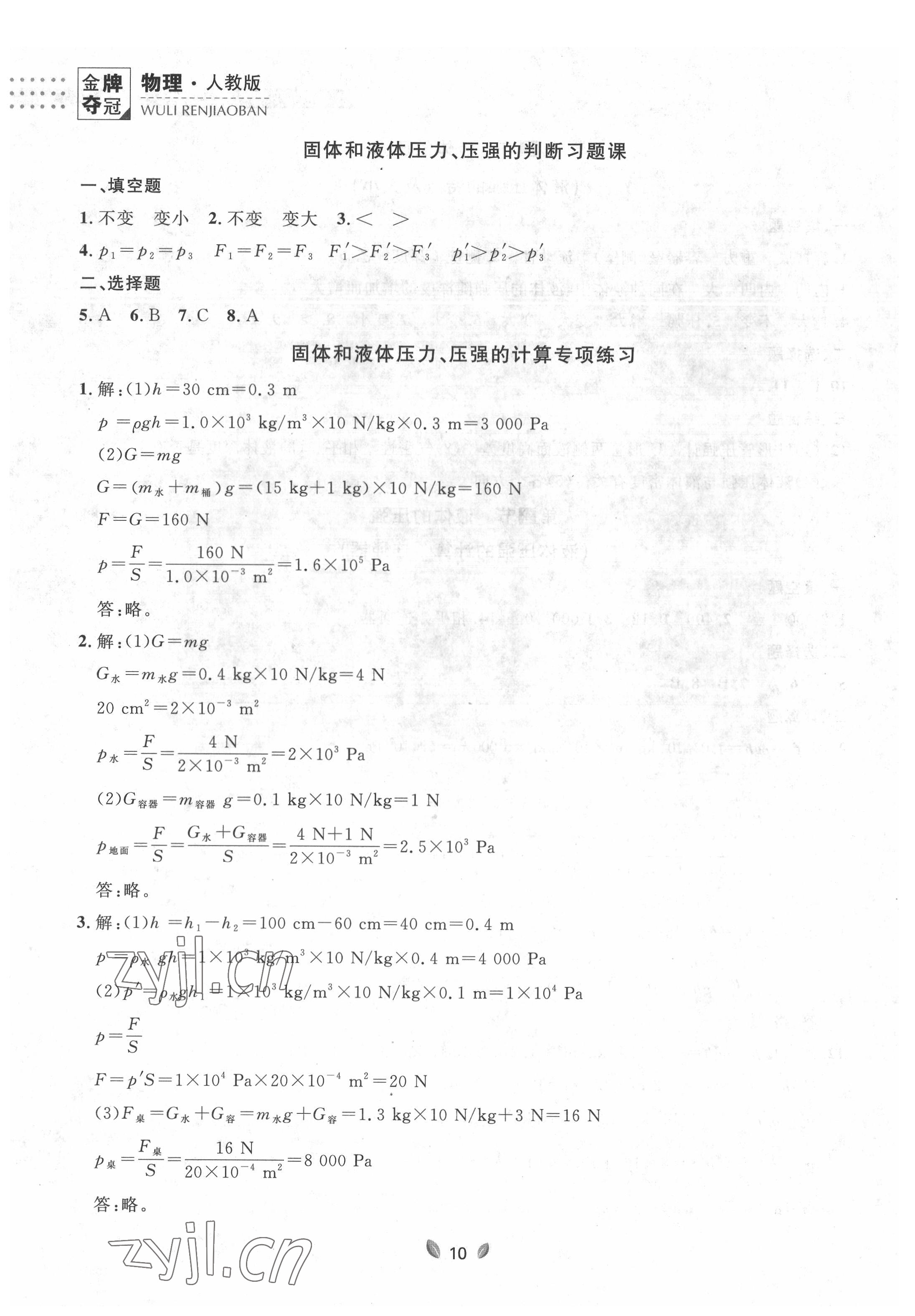 2022年点石成金金牌夺冠八年级物理下册人教版大连专版 参考答案第10页