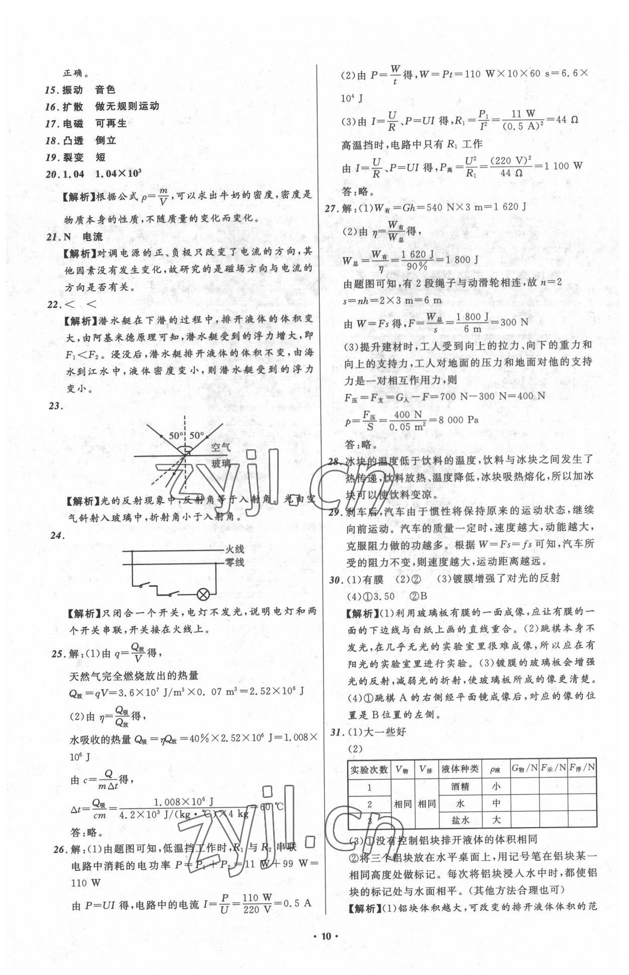 2022年中考必備遼寧師范大學出版社物理大連專版 參考答案第10頁