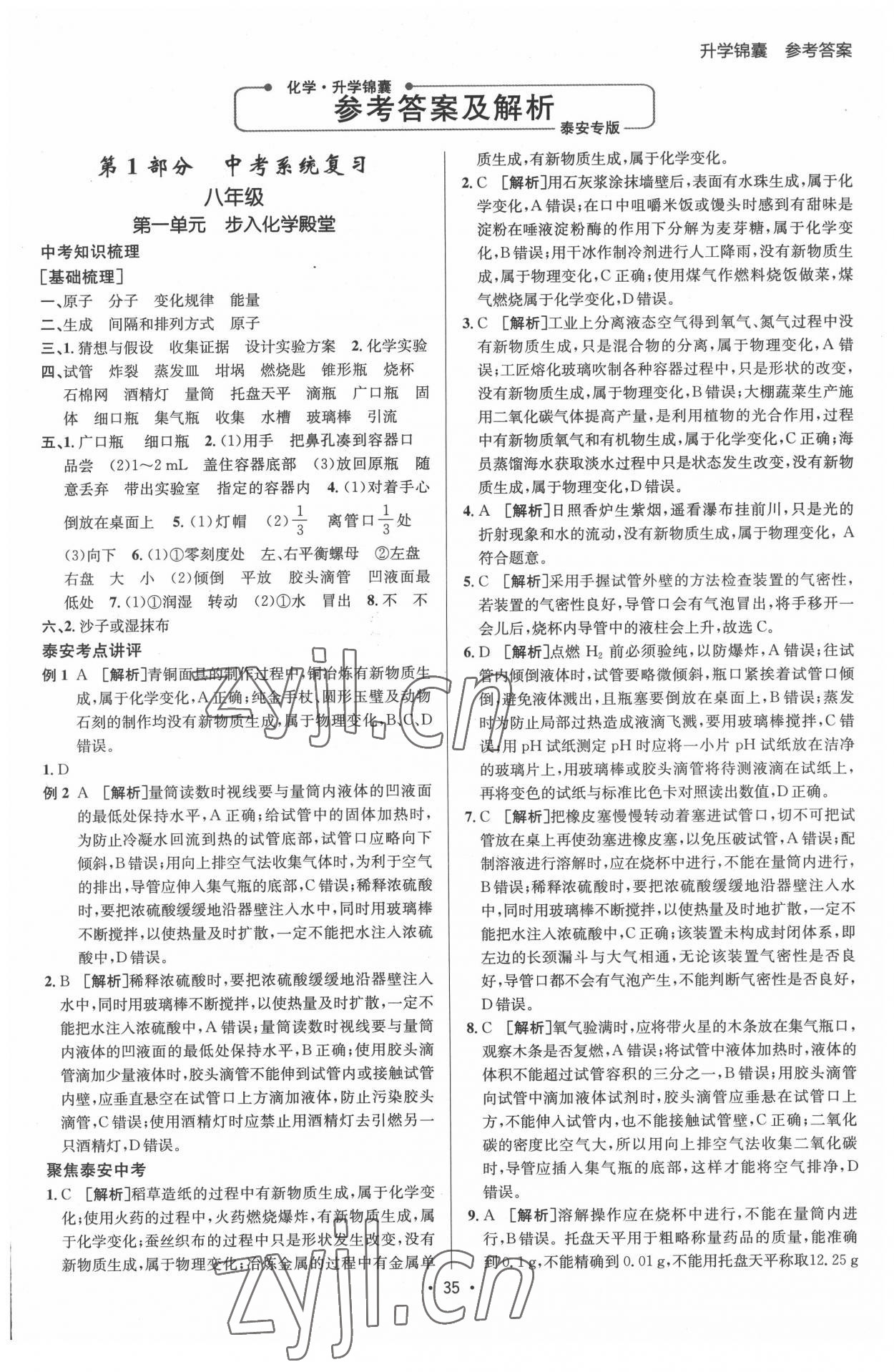 2022年升學(xué)錦囊化學(xué)泰安專版 參考答案第1頁