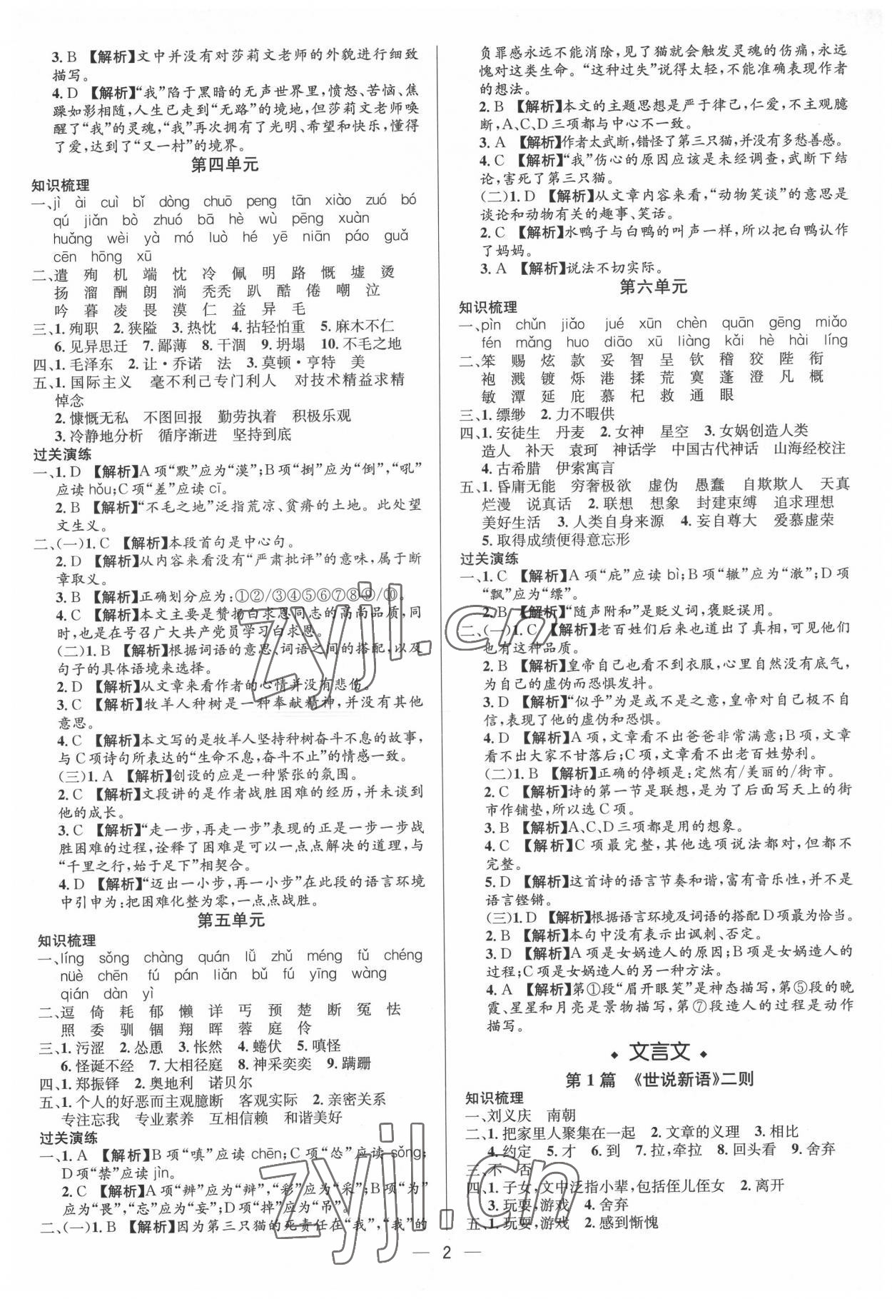 2022年中考對策語文泰安專版 參考答案第2頁