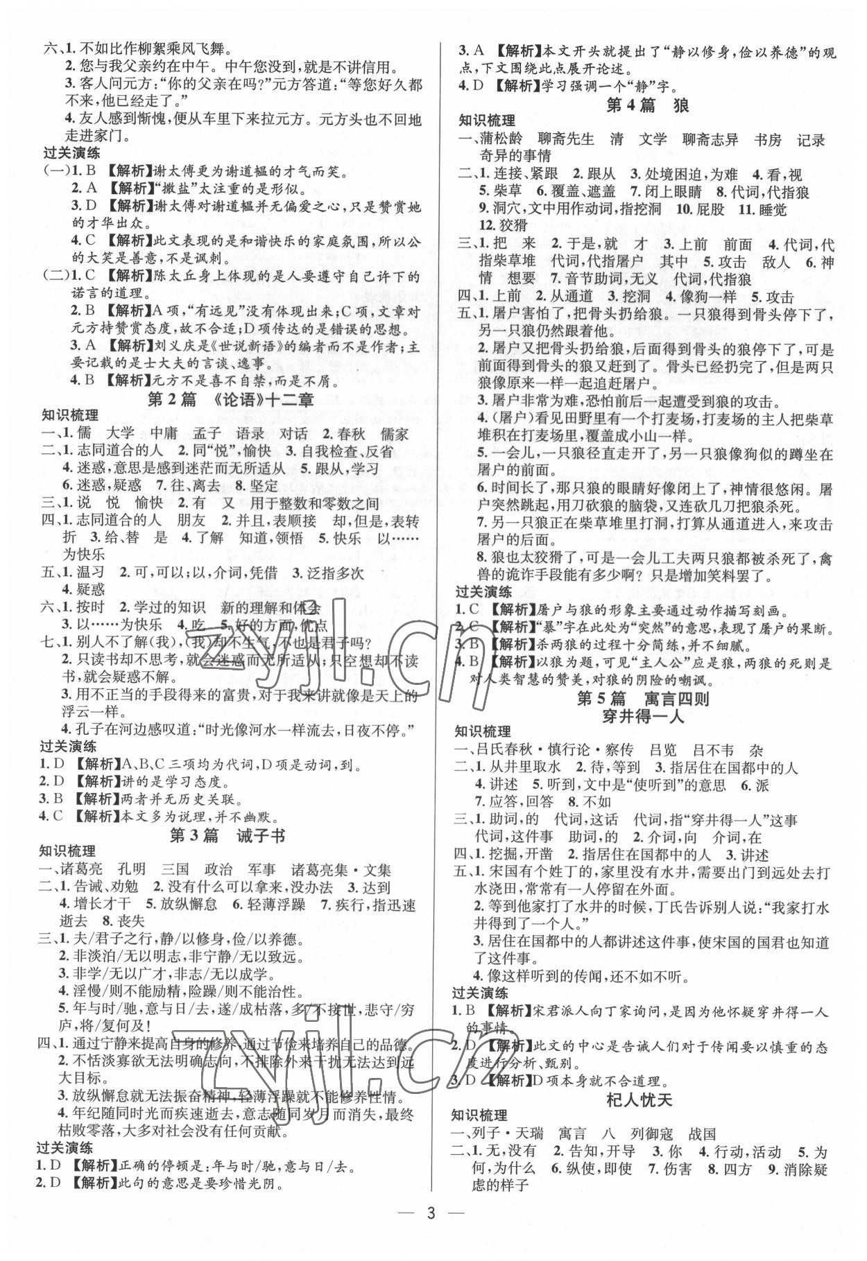 2022年中考對策語文泰安專版 參考答案第3頁