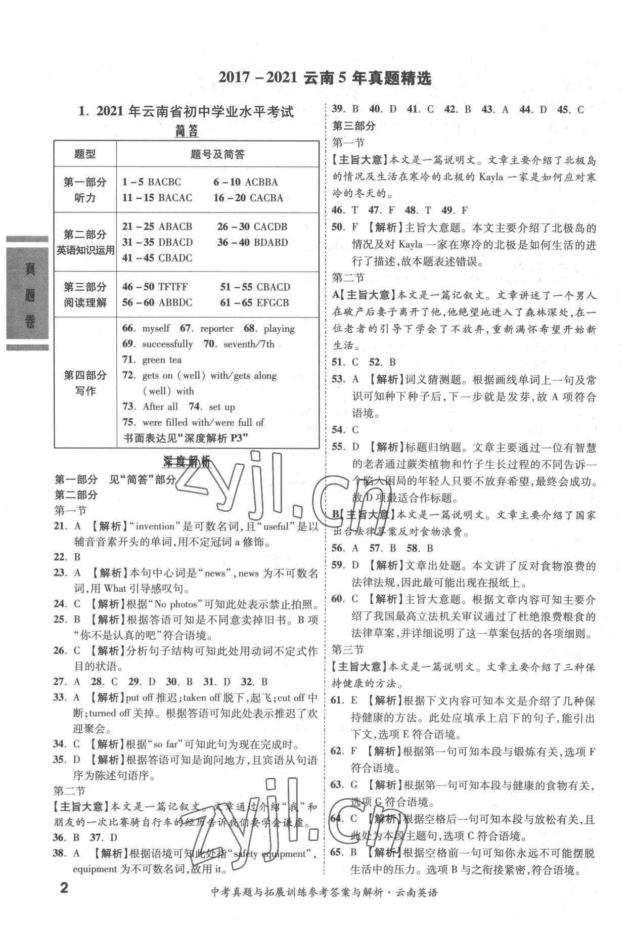 2022年一戰(zhàn)成名中考真題與拓展訓(xùn)練英語云南專版 參考答案第1頁